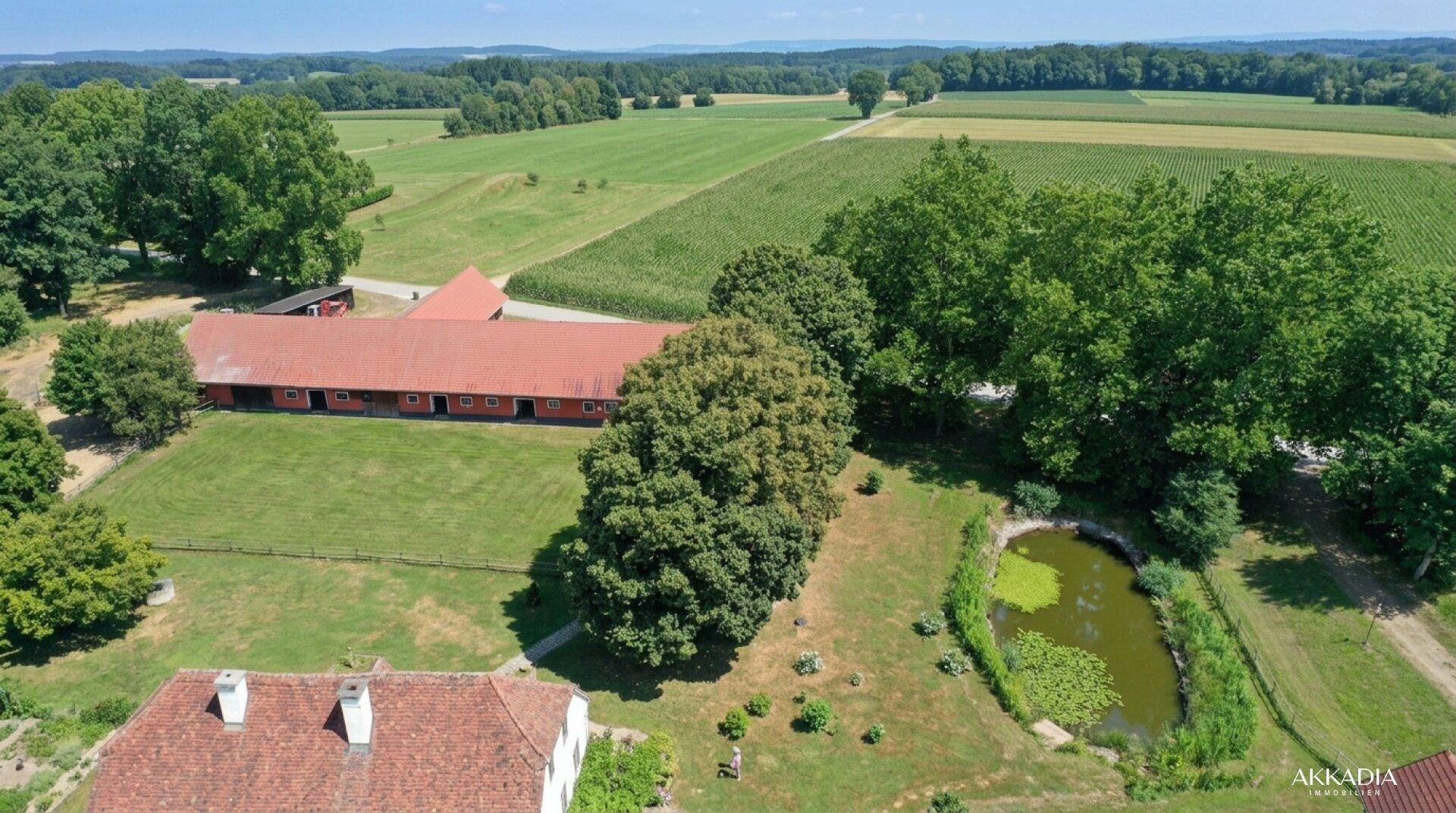 Weitläufiges Anwesen mit Stallungen, Teich und umgebenden Feldern unter blauem Himmel.