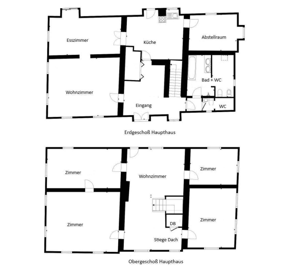 Grundriss des Erd- und Obergeschosses des Haupthauses mit verschiedenen Zimmern und Bädern.