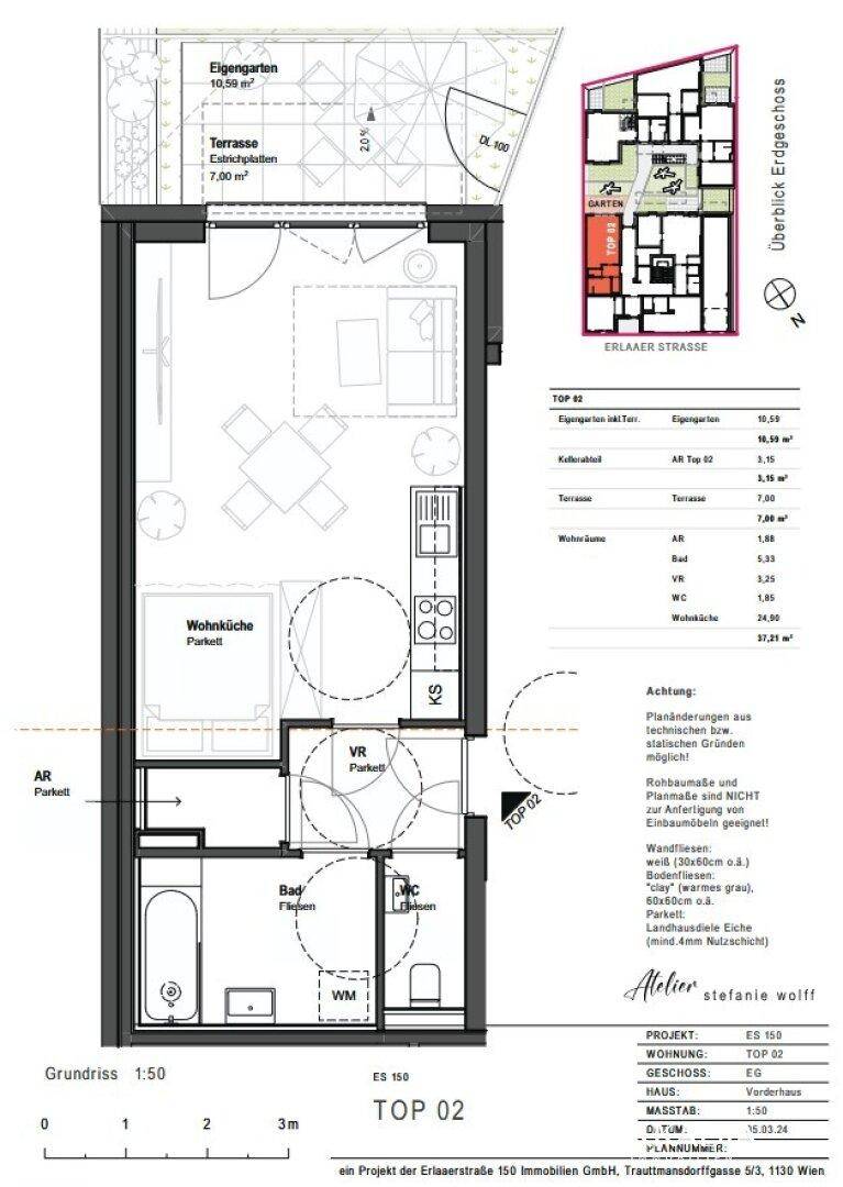 Grundriss der Wohnung TOP 02 mit offenem Wohnbereich, Garten und Terrasse.