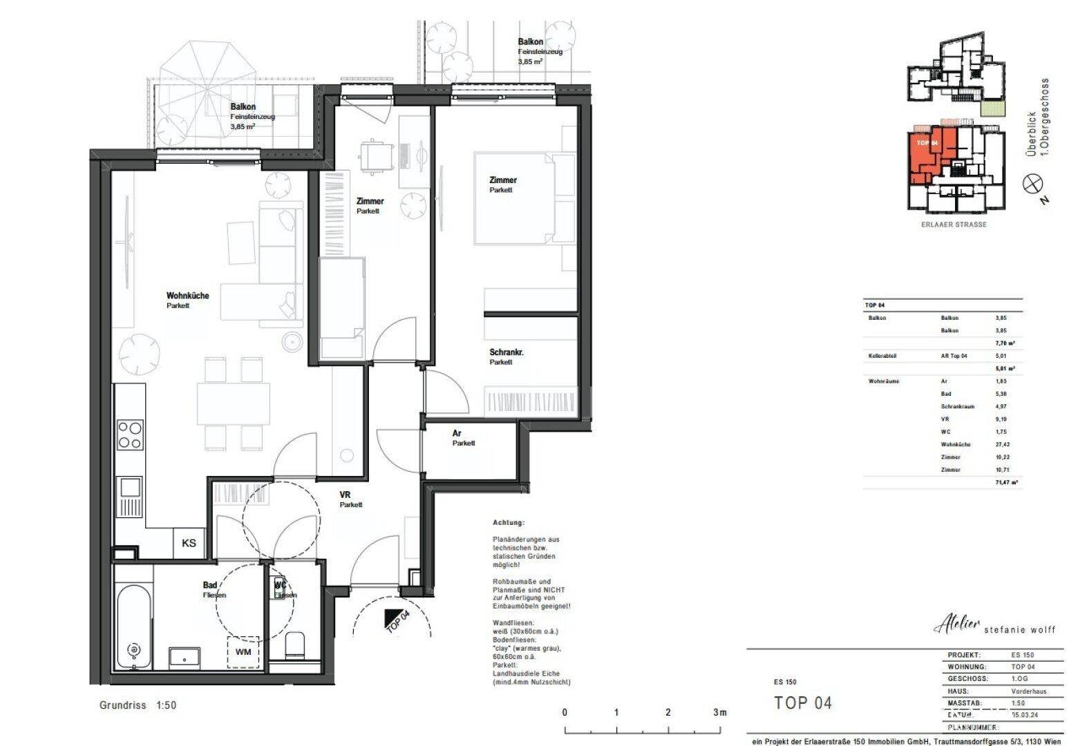 Detaillierter Grundriss einer Wohnung mit Balkon, Schlafzimmer und offenem Wohnbereich.
