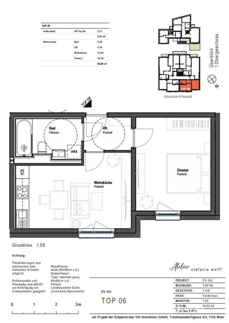 Detaillierter Grundriss einer Wohnung mit einem Schlafzimmer und offenem Wohnbereich.