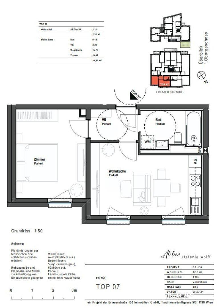 Grundriss der Wohnung TOP 07 mit einem Schlafzimmer, Wohnküche und Bad.