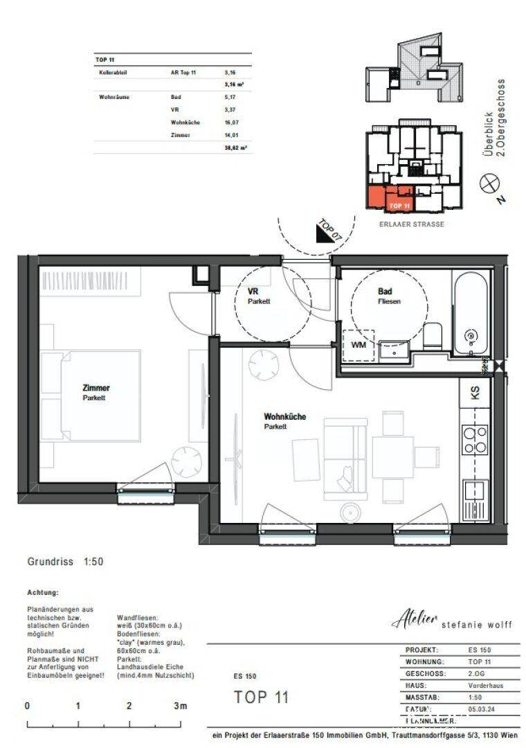Grundriss der Wohnung TOP 11 mit Schlafzimmer, Wohnküche und Badezimmer.
