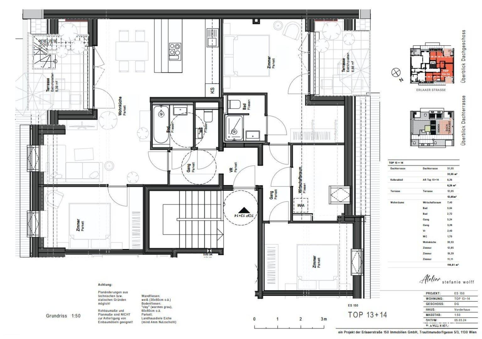 Detaillierter Grundriss einer Wohnung mit mehreren Zimmern, Bädern, offener Küche und Terrassenbereichen.