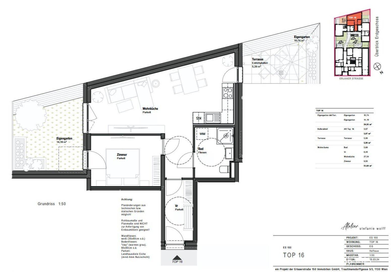 Grundriss einer Wohnung mit offenem Wohnbereich, Schlafzimmer, Bad, Terrasse und eigenem Garten.