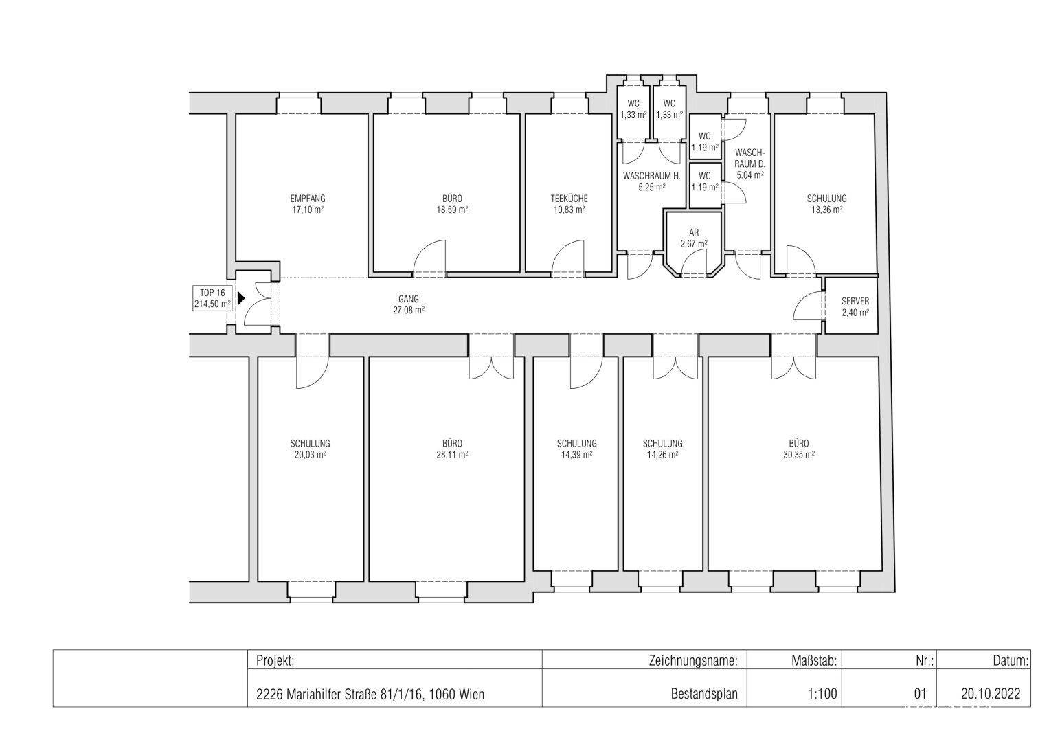 Detaillierter Grundriss einer Gewerbefläche mit mehreren Büros, Schulungsräumen, Empfangsbereich und Teeküche.
