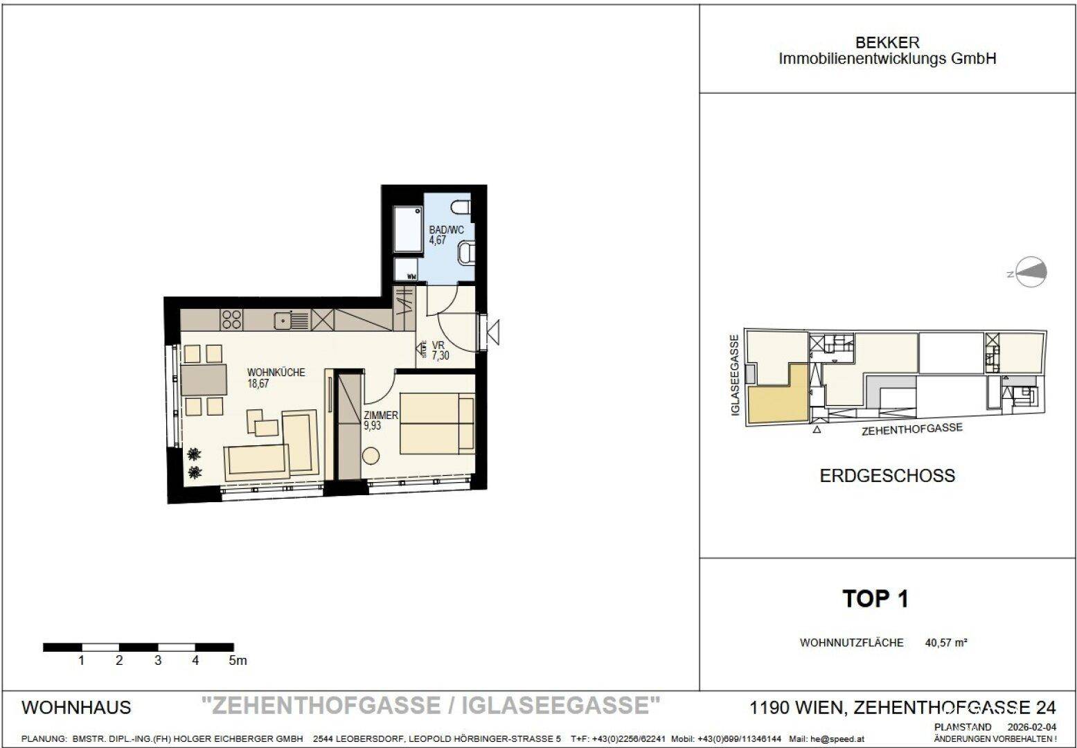 Detaillierter Grundriss der Wohnung Top 1 zeigt eine offene Wohnküche, ein Schlafzimmer und ein Badezimmer.
