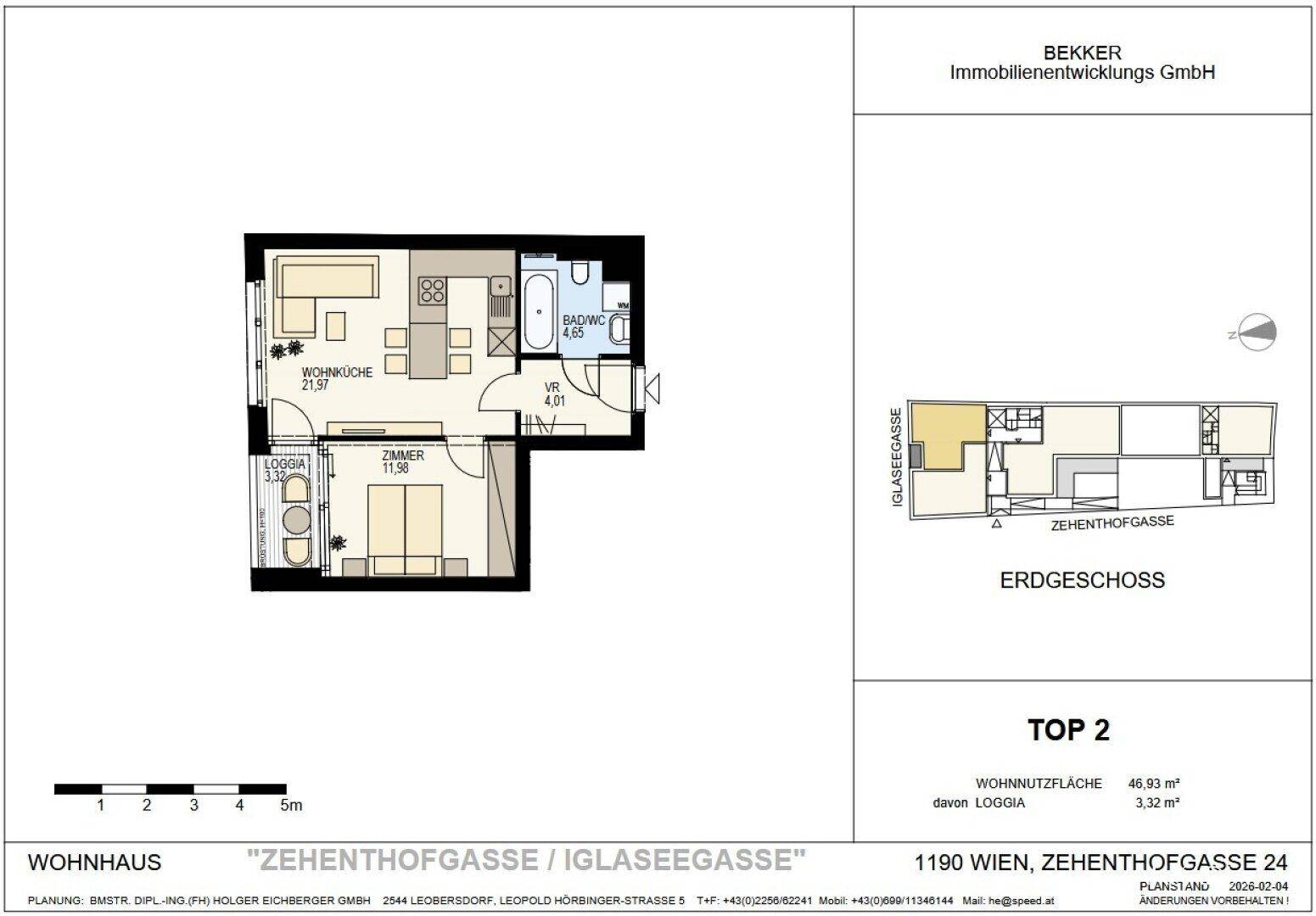 Grundriss einer kompakten Wohnung mit offener Wohnküche, einem Schlafzimmer, Bad und einer Loggia.
