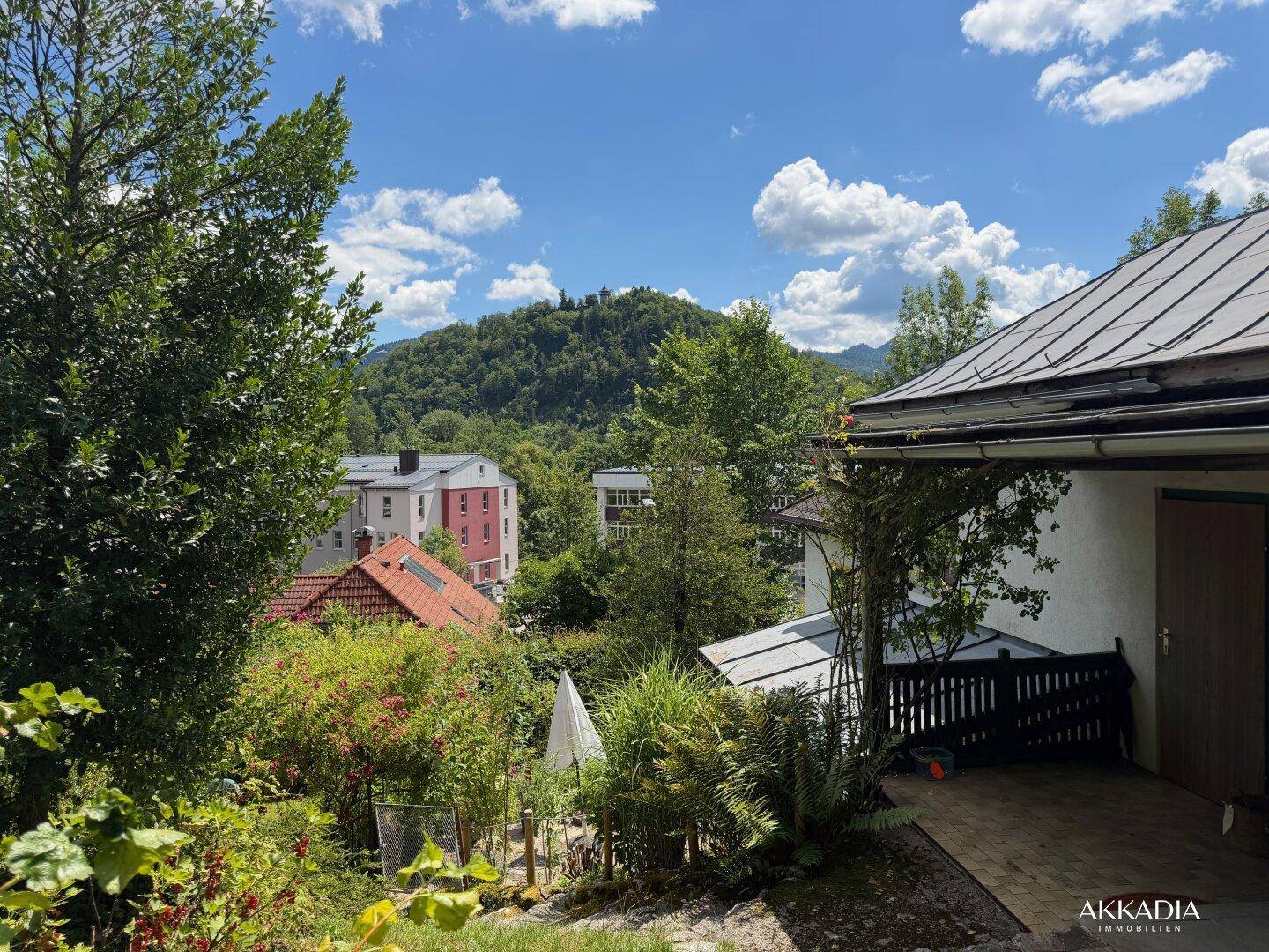 Sonniger Gartenbereich mit Pflanzen, Terrasse und weitem Blick auf die Berge.