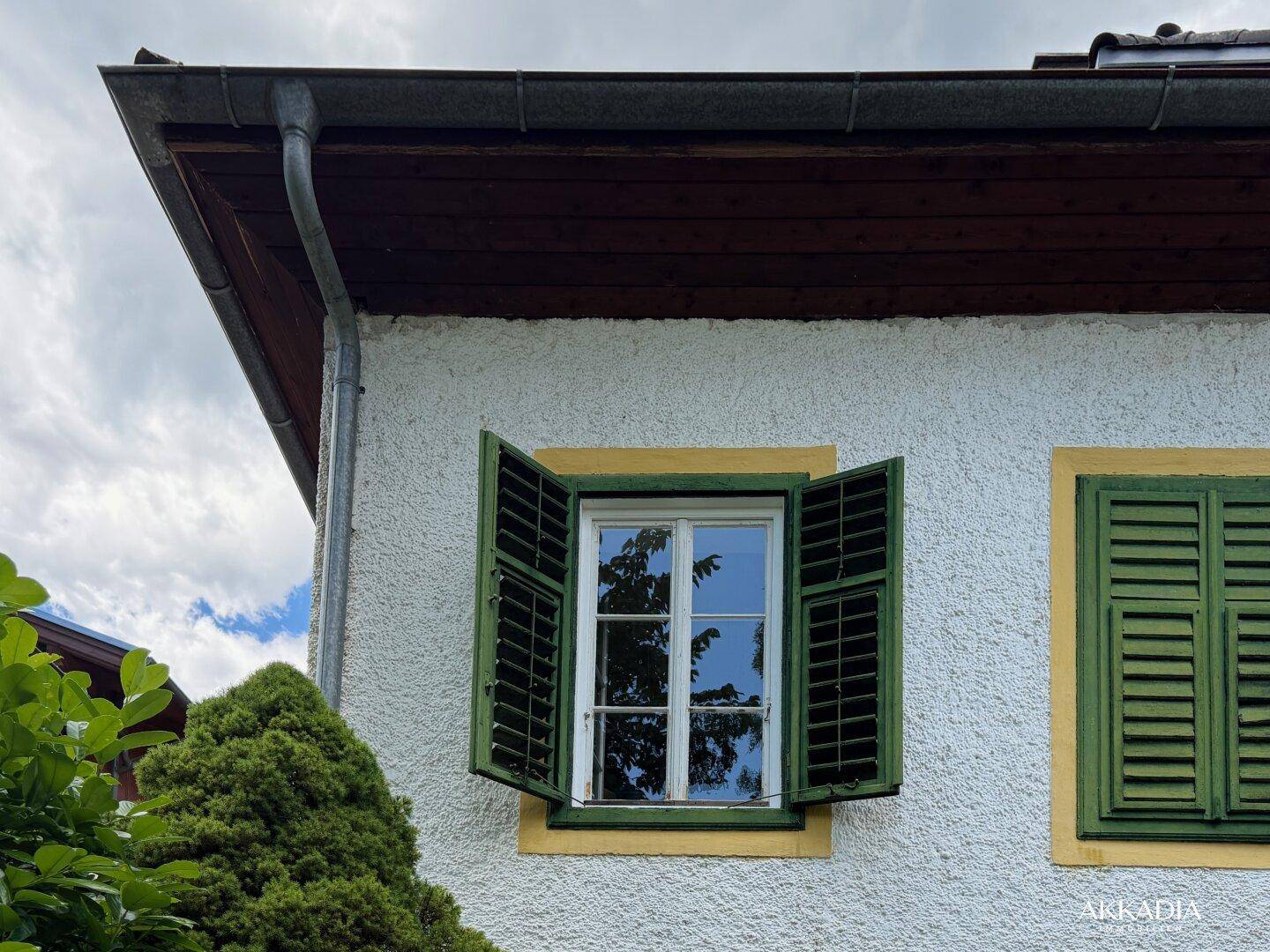 Detailansicht eines Fensters mit geöffneten grünen Fensterläden an einer weißen Fassade.