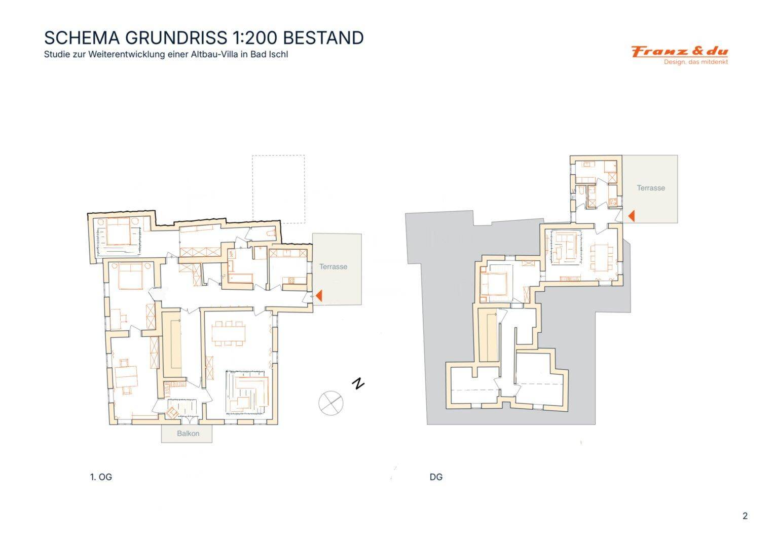 Schematische Grundrisse des ersten Obergeschosses und Dachgeschosses mit Balkon und Terrasse.