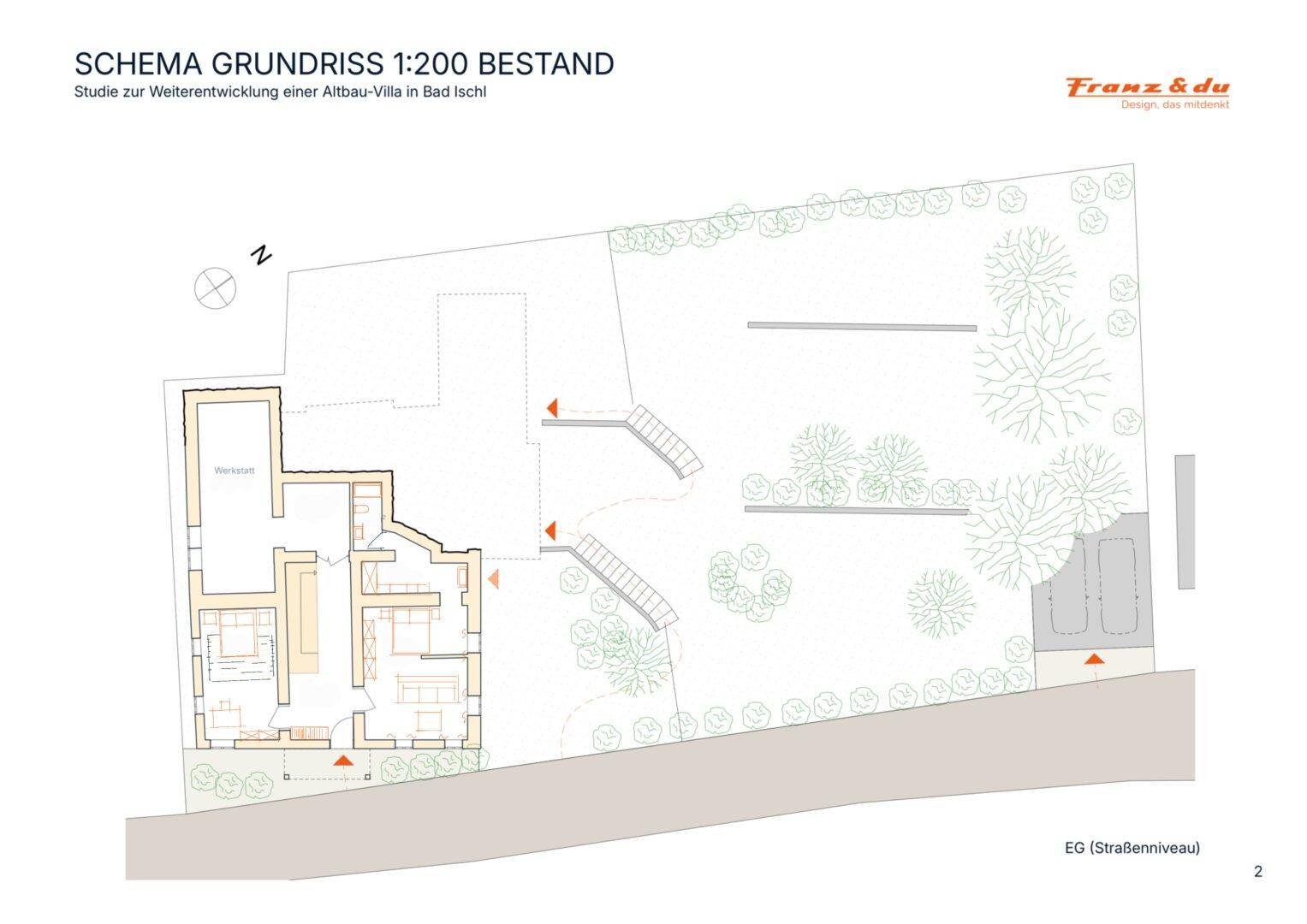 Schematischer Grundriss des Erdgeschosses mit Gartenanlage und Zugangswegen.