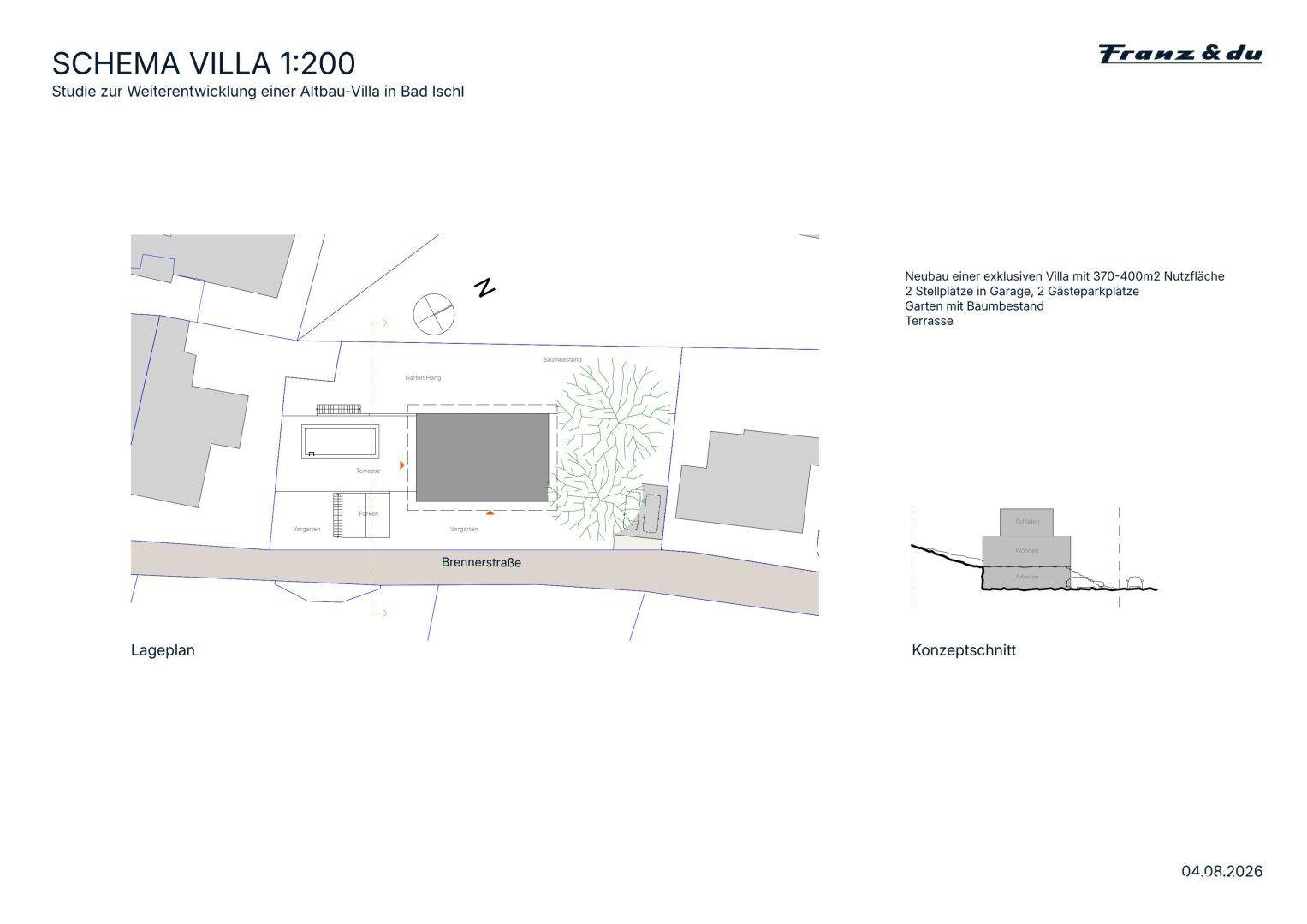 Lageplan einer exklusiven Villa mit Konzeptschnitt und Grundstücksaufteilung.