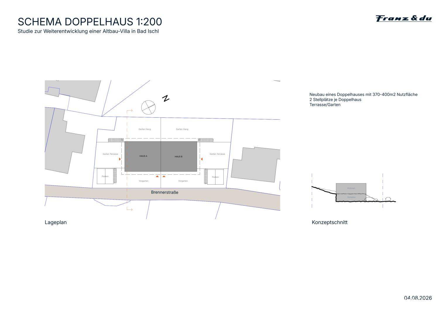 Lageplan eines Doppelhauses mit Konzeptschnitt und Grundstücksaufteilung.