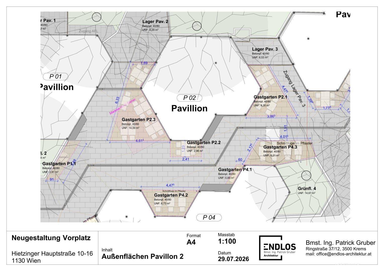 Grundrissplan zeigt die Neugestaltung eines Vorplatzes mit Pavillon und mehreren Gastgartenbereichen.