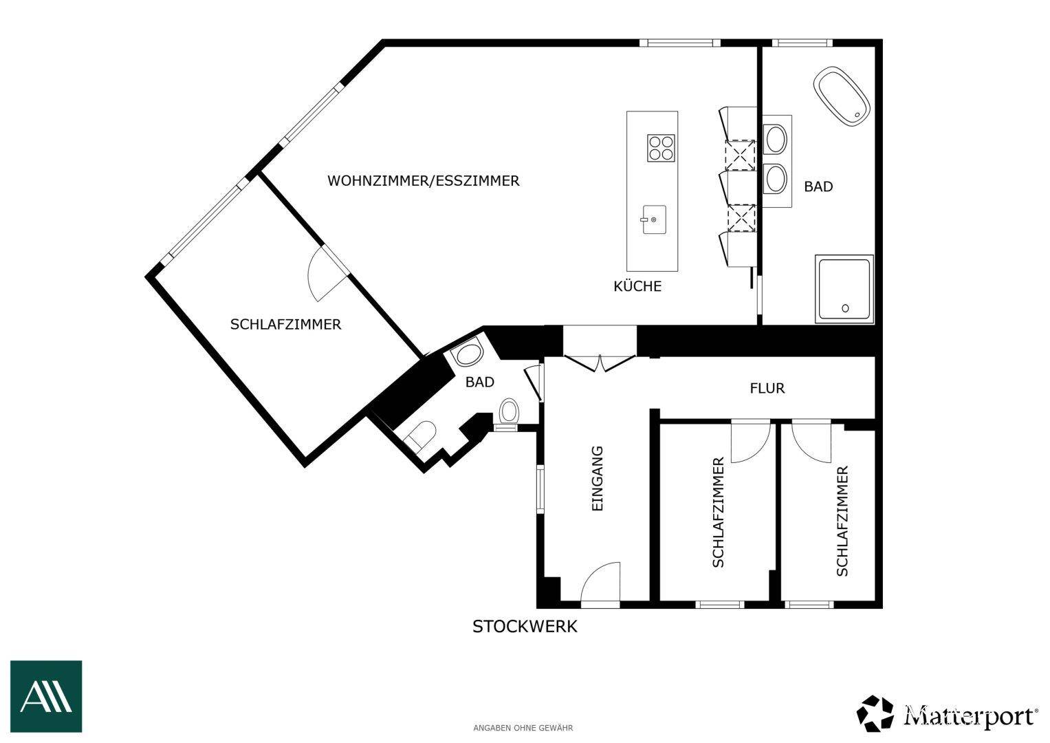 Übersichtlicher Grundriss mit Wohn-/Esszimmer, Küche, drei Schlafzimmern und zwei Bädern.