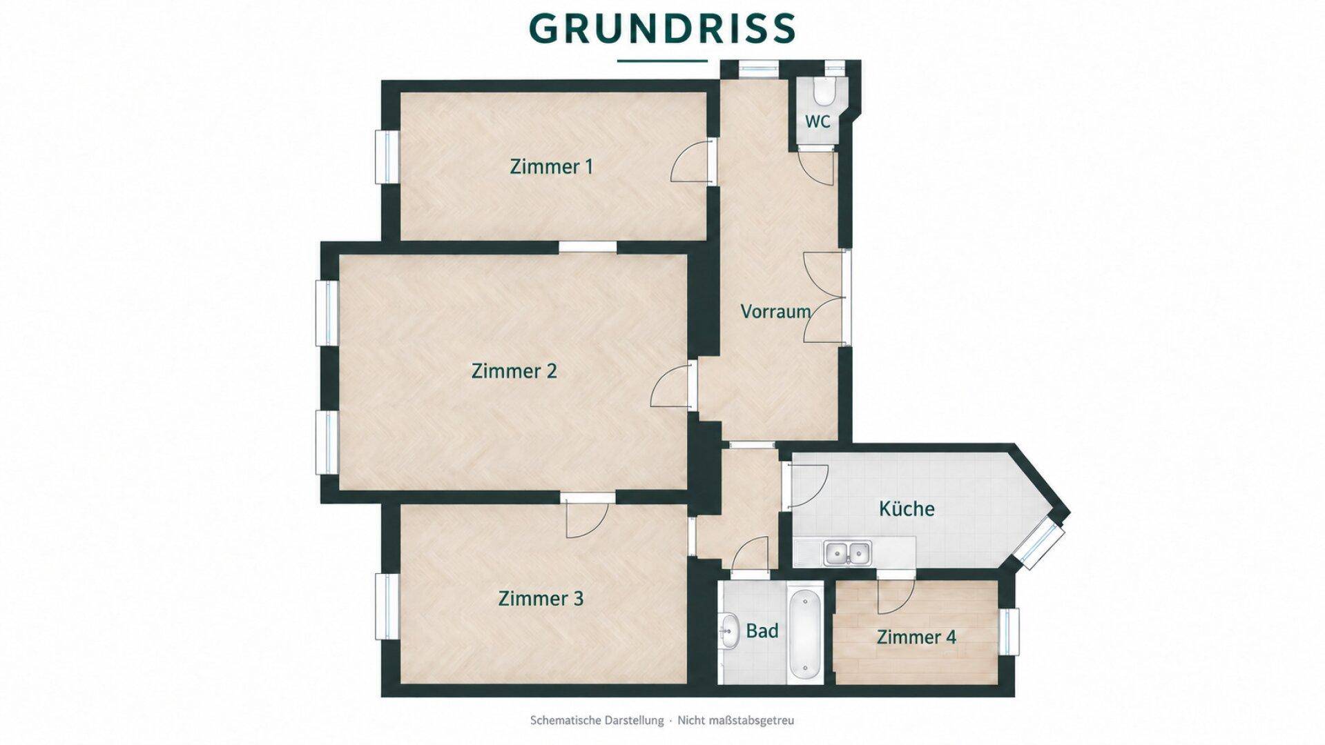 Grundriss einer Wohnung mit vier Zimmern, Küche, Bad und separatem WC.