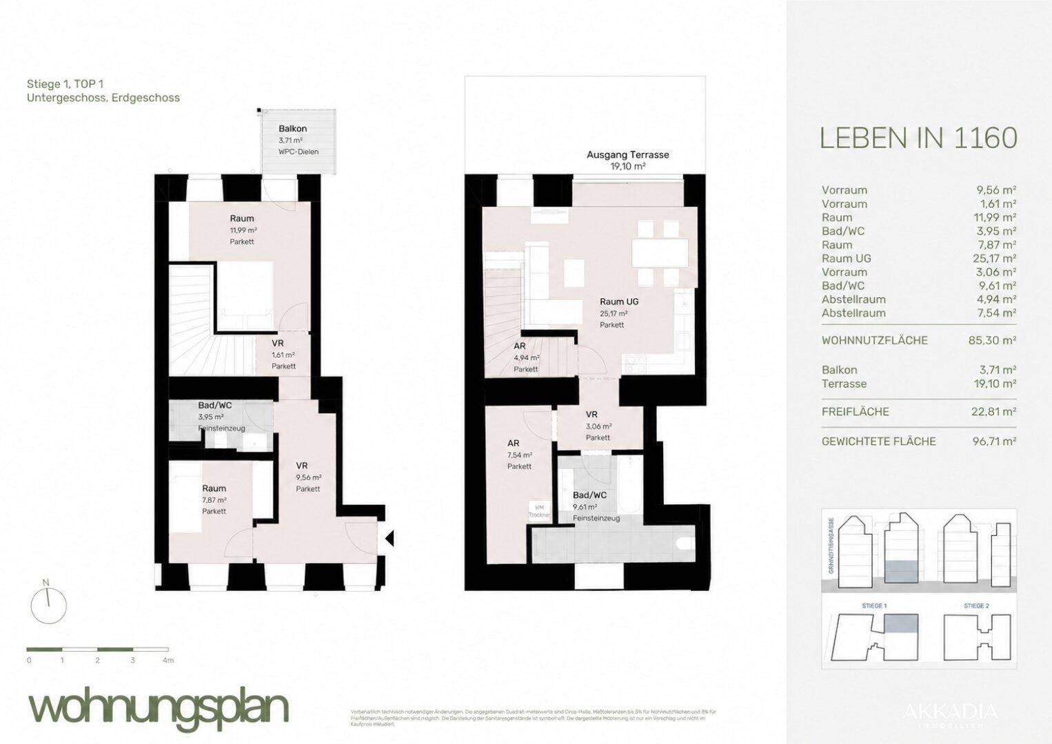 Grundriss einer Maisonette-Wohnung über zwei Ebenen mit Balkon und großer Terrasse.