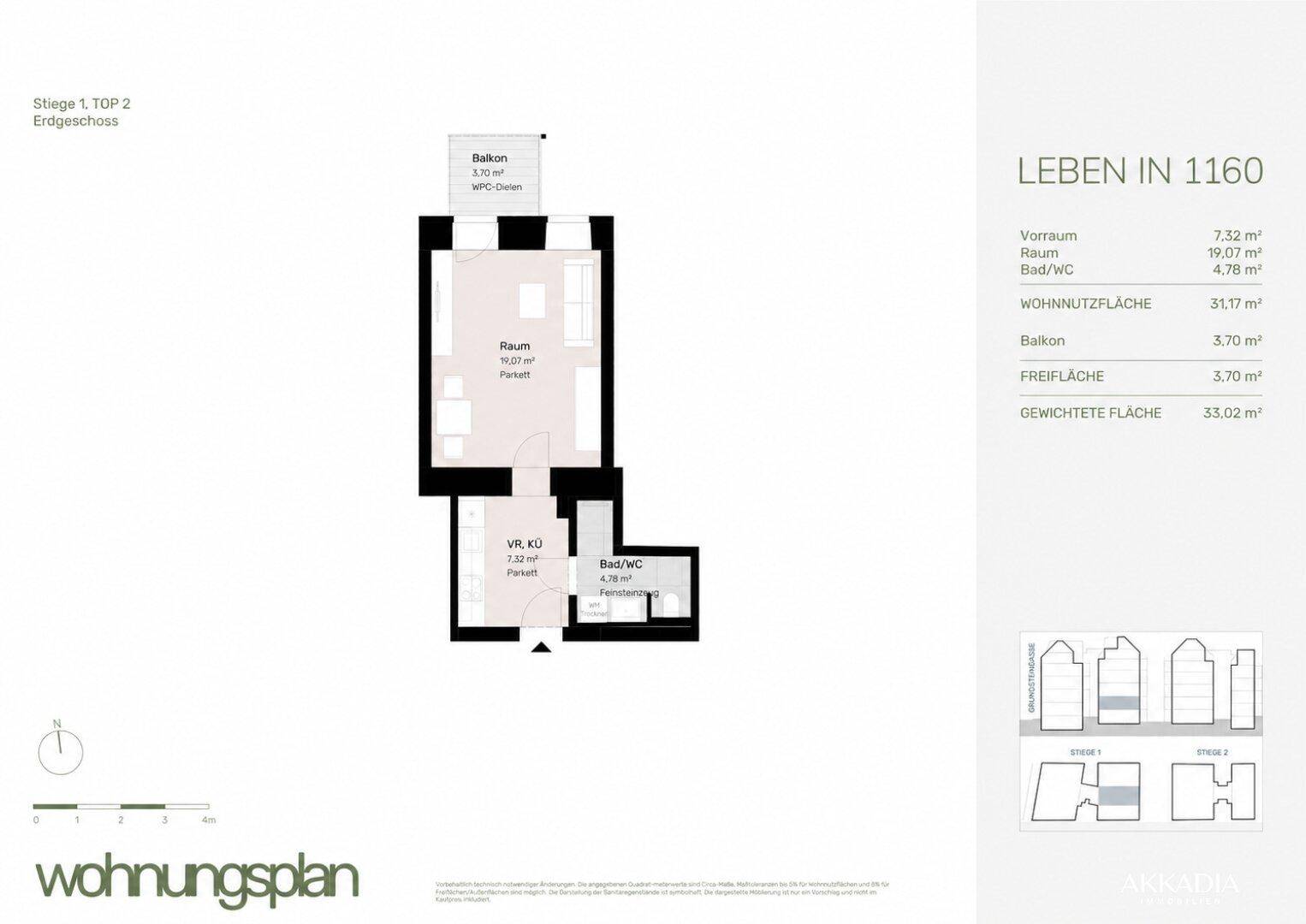 Grundriss einer kleinen Wohnung im Erdgeschoss mit einem Zimmer, integrierter Küche, Bad und Balkon.