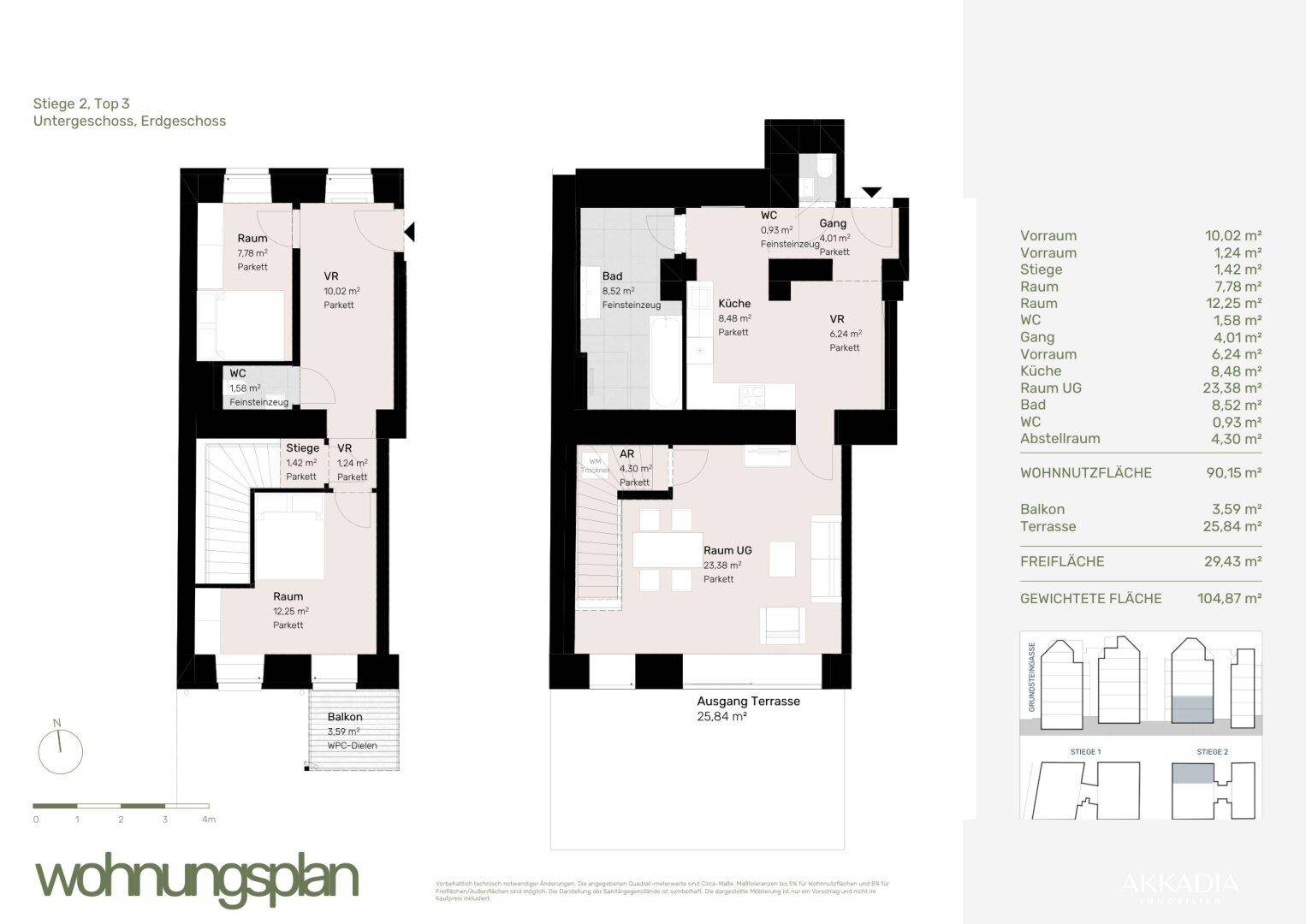 Detaillierter Grundriss einer zweistöckigen Wohnung mit separater Küche, Bad, WC, Balkon und Terrasse.