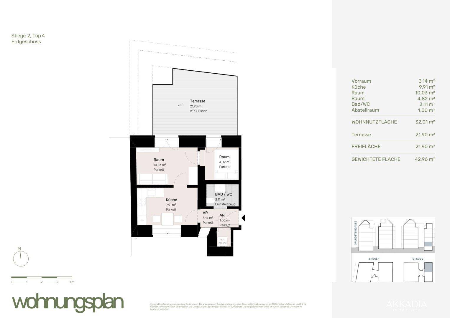 Grundriss einer Erdgeschosswohnung mit Terrasse, separater Küche und mehreren Zimmern.