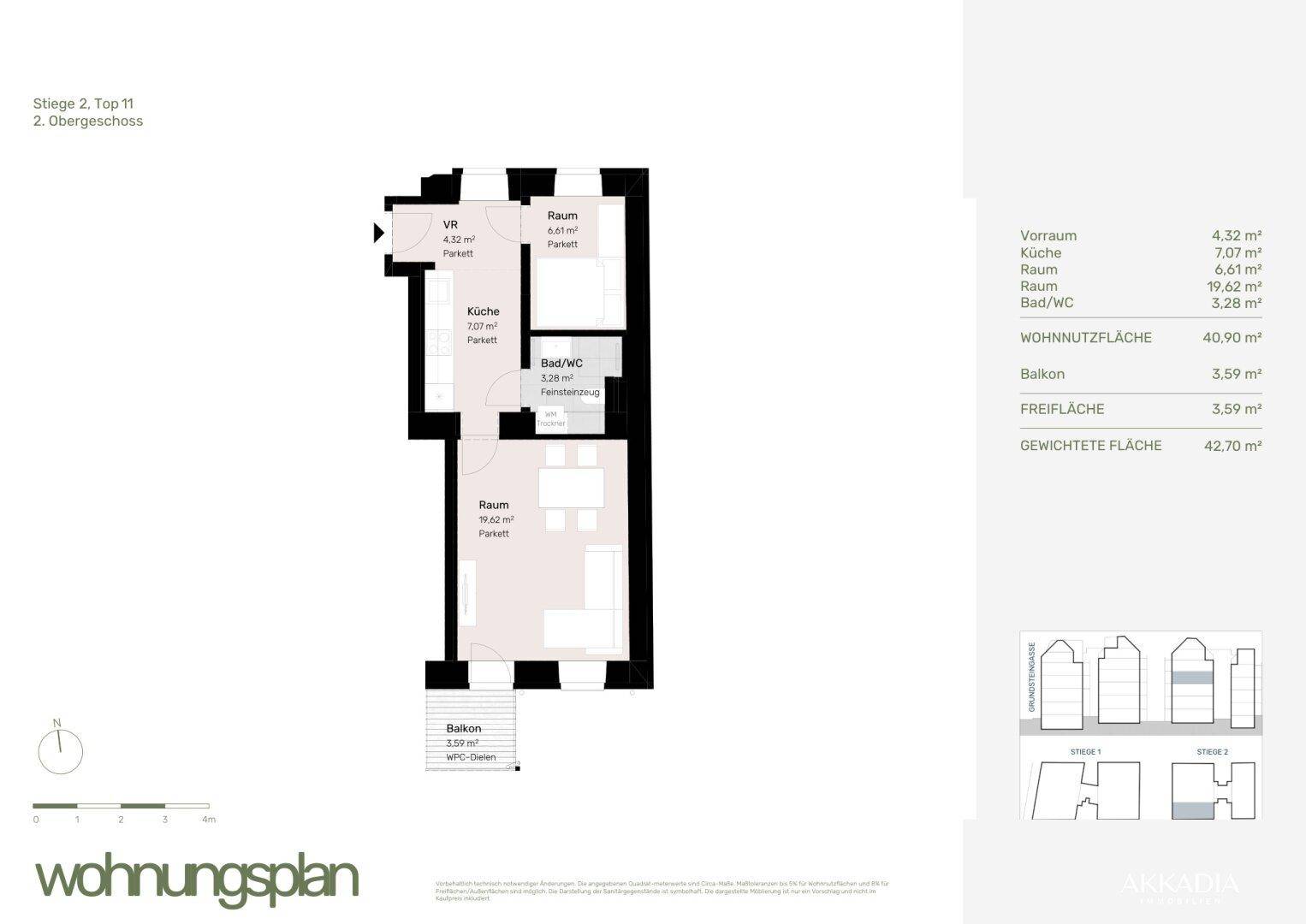Grundriss einer kleinen Wohnung im Obergeschoss mit separater Küche, Bad/WC, zwei Zimmern und Balkon.
