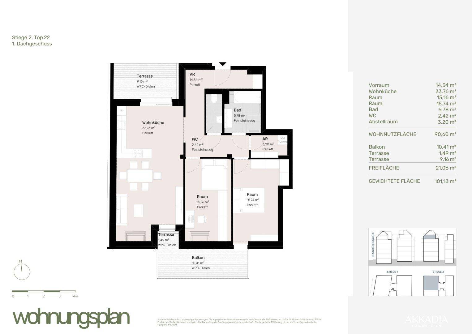 Grundriss einer Wohnung mit offener Wohnküche, zwei Schlafzimmern, Bad, separatem WC, Balkon und zwei Terrassen.
