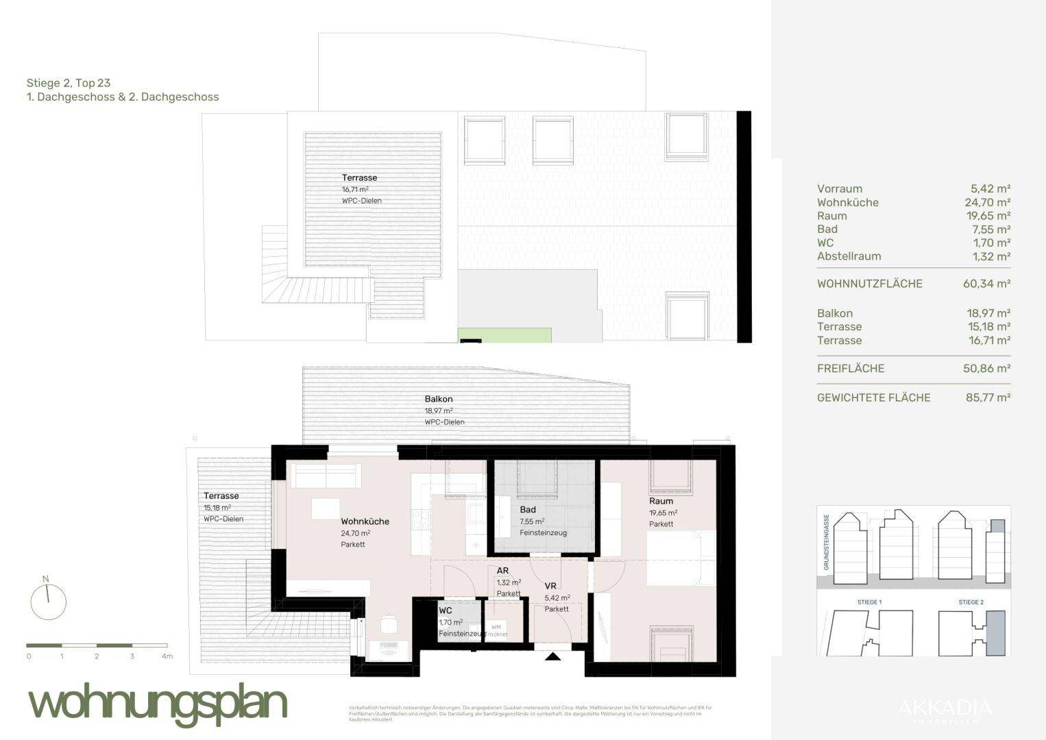Grundriss einer Maisonette-Wohnung im Dachgeschoss mit offener Wohnküche, Balkon und zwei Terrassen.