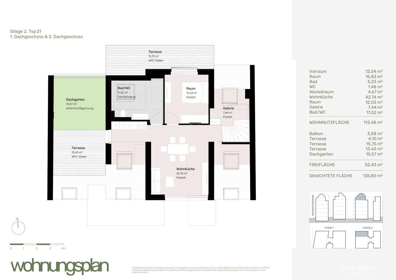 Detaillierter Grundriss einer Wohnung mit offener Wohnküche, Dachgarten und mehreren Terrassenbereichen.
