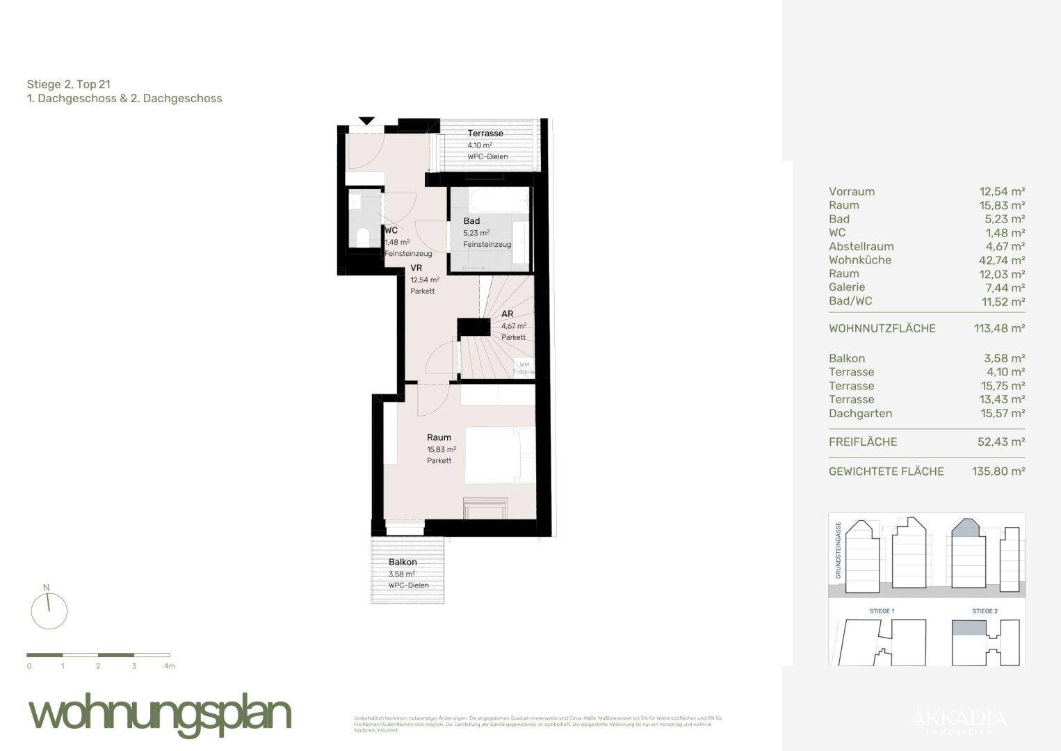 Grundrissplan einer Wohnung mit Schlafzimmer, Bad, Abstellraum, Terrasse und Balkon auf einer Ebene.
