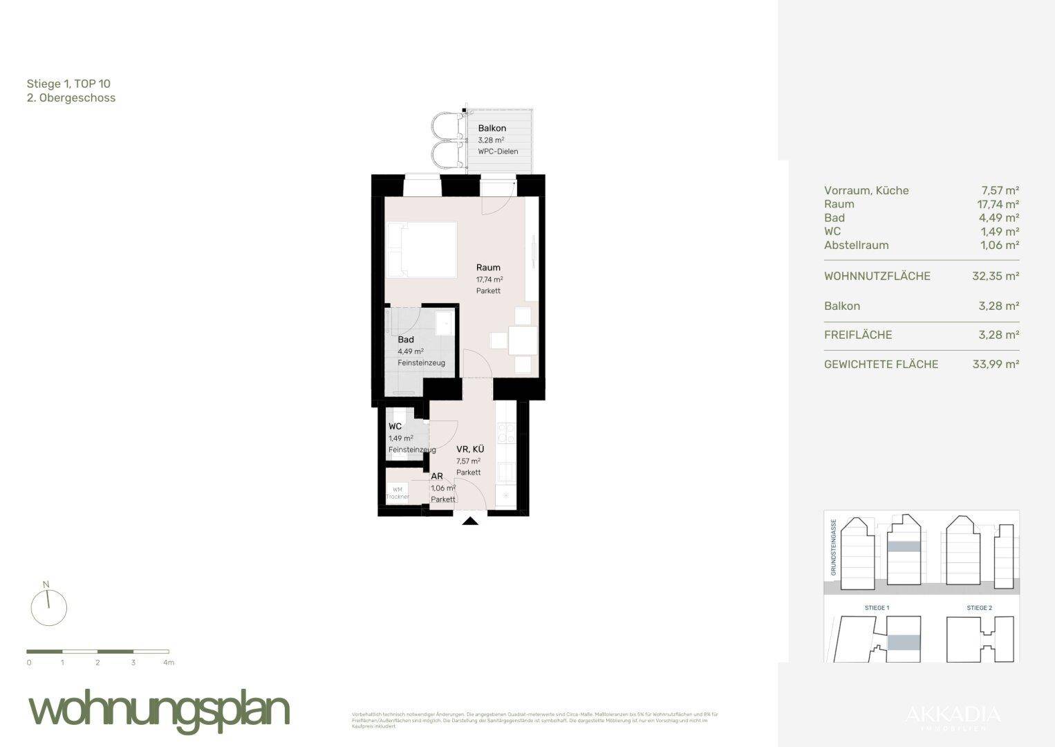 Grundriss einer Wohnung im 2. Obergeschoss mit Balkon, separatem WC und Abstellraum.