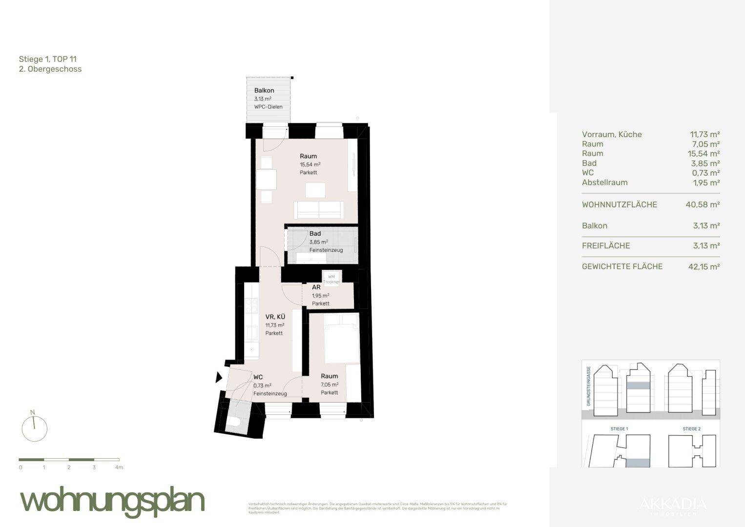 Grundriss einer Wohnung im zweiten Obergeschoss mit Balkon, separatem WC und Parkettboden.