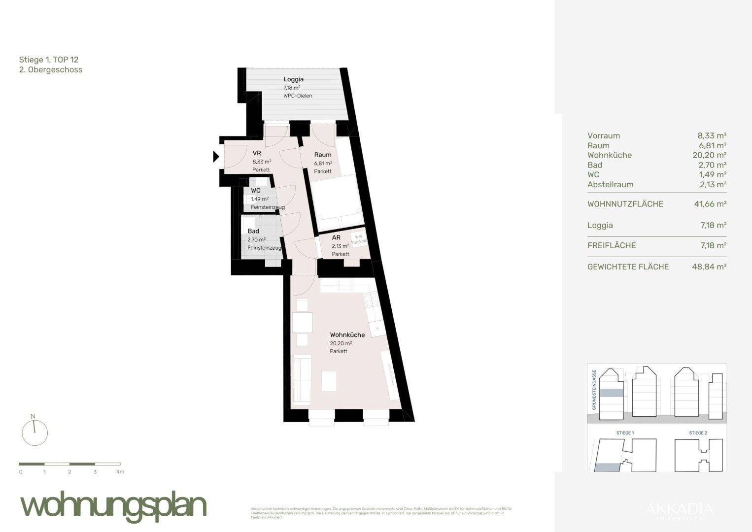 Grundriss einer Wohnung im zweiten Obergeschoss mit Wohnküche, Loggia und separatem Bad und WC.