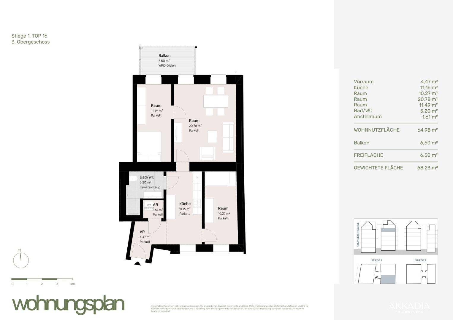 Grundriss einer 3-Zimmer-Wohnung im 3. Obergeschoss mit Balkon, separater Küche und Bad mit Fenster.