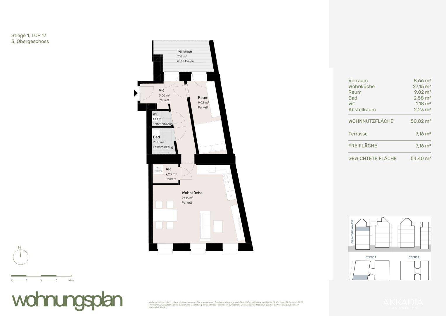 Grundriss einer Wohnung mit offener Wohnküche, einem Schlafzimmer, Bad, separatem WC und einer Terrasse.