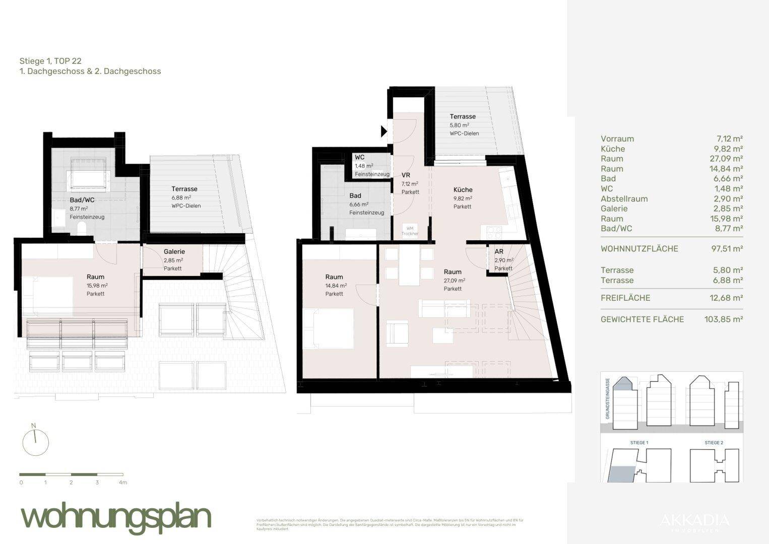 Grundriss einer Maisonette-Wohnung über zwei Ebenen mit offener Küche, mehreren Zimmern, zwei Bädern und Terrassen.