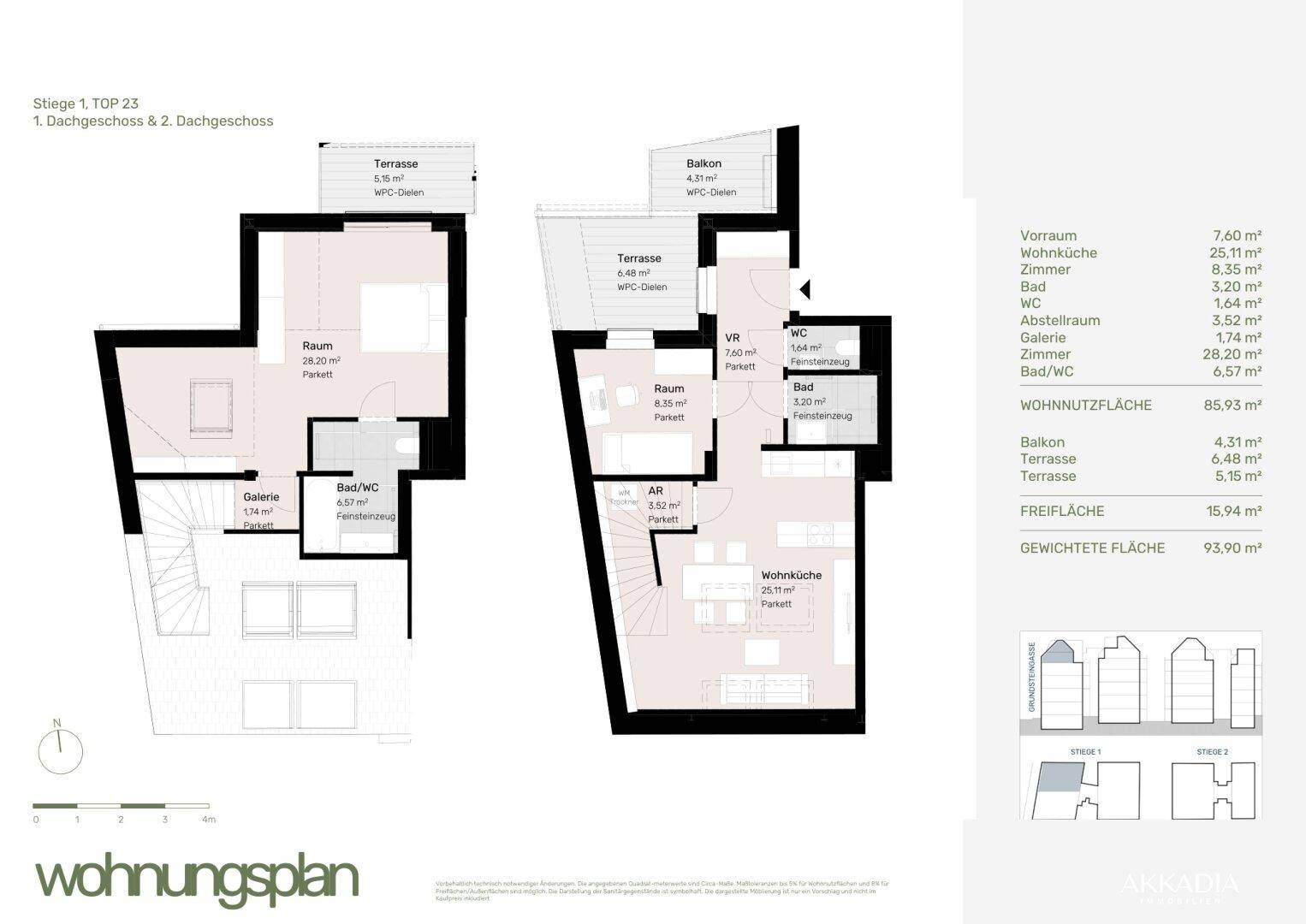 Grundriss einer Maisonette-Wohnung über zwei Dachgeschossebenen mit offener Wohnküche, Bädern, Balkon und Terrasse.