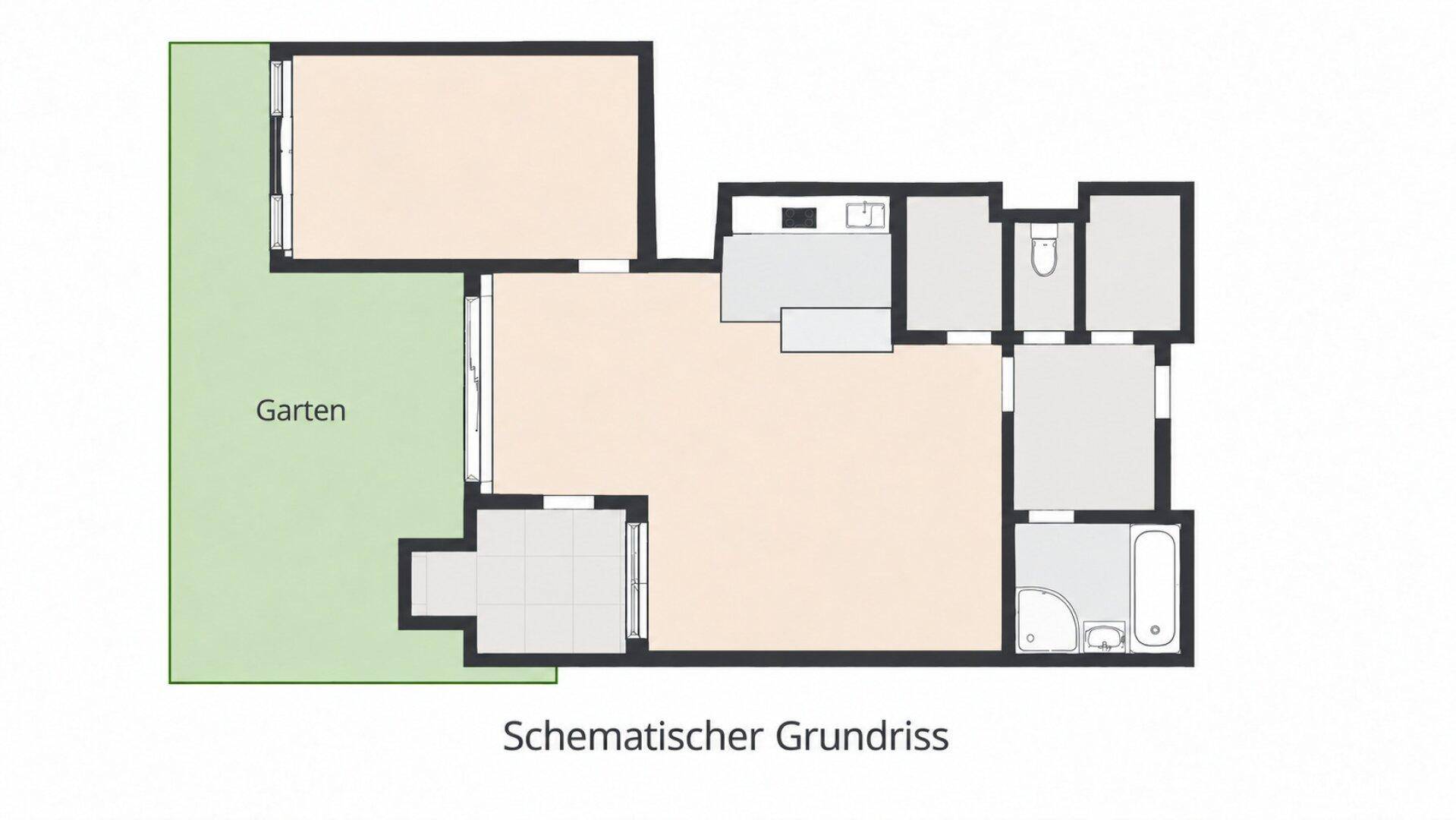 Schematischer Grundriss der Wohnung mit Garten, Terrasse und klarer Raumaufteilung.