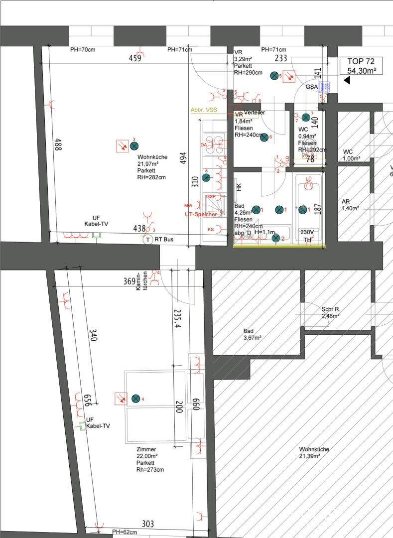 Detaillierter Grundriss der Wohnung mit Raumaufteilung und Maßen.