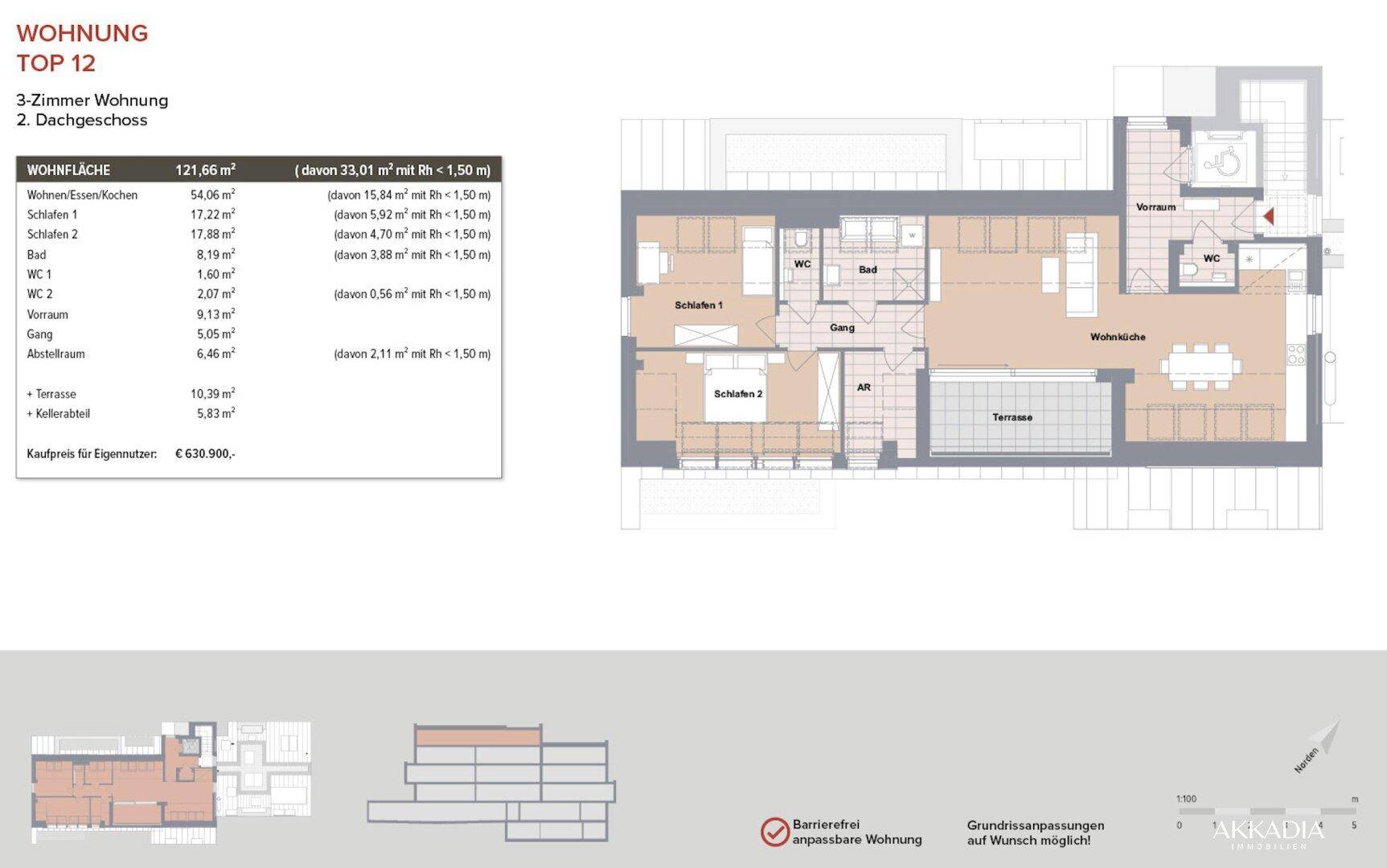 Detaillierter Grundriss einer 3-Zimmer-Wohnung mit Terrasse und Kellerabteil.