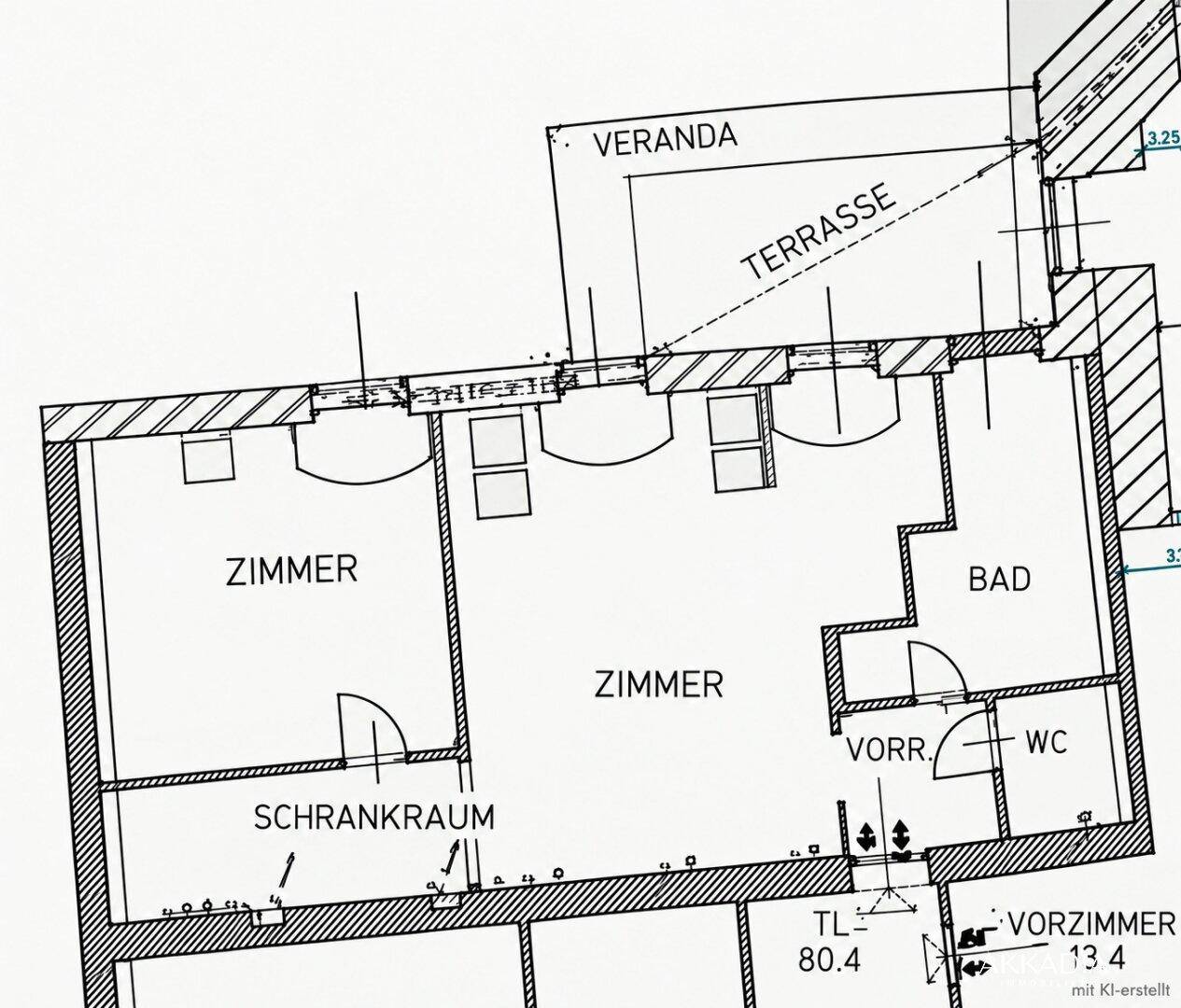 Grundriss mit Zimmern, Bad, WC, Schrankraum, Veranda und Terrasse.