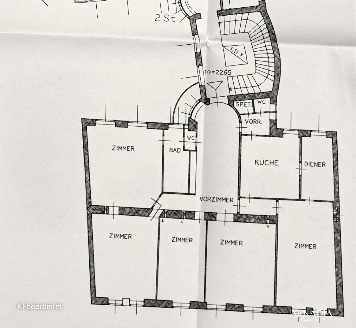 Grundriss einer Wohnung mit mehreren Zimmern, Bad, WC und Küche.