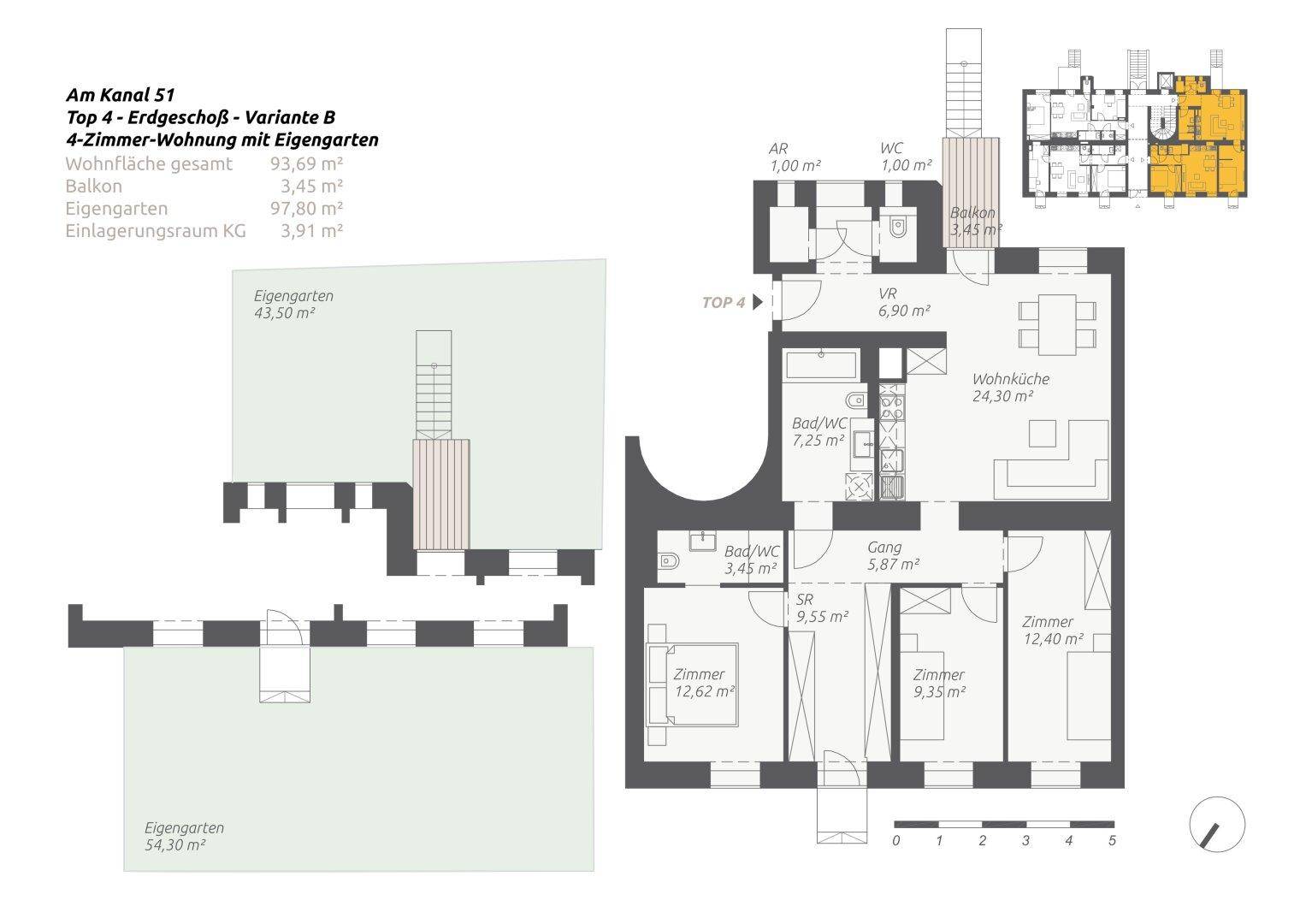 Grundriss einer 4-Zimmer-Wohnung im Erdgeschoss mit eigenem Garten und Balkon.