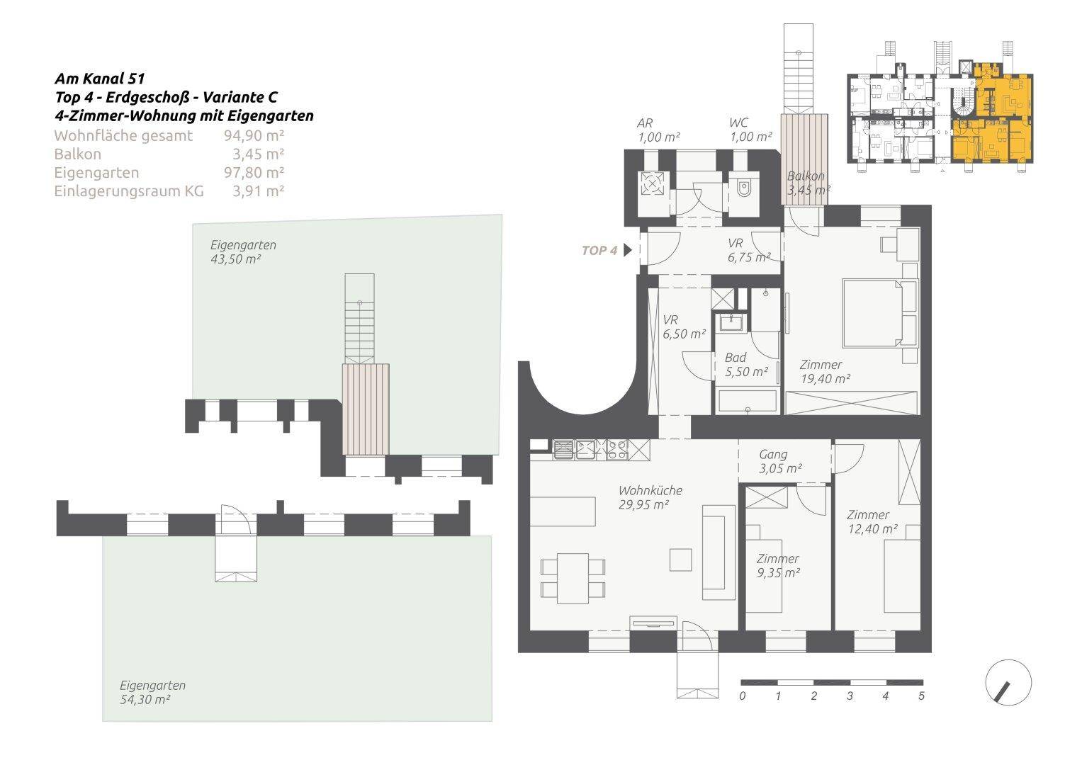 Grundriss einer Erdgeschosswohnung mit vier Zimmern, Balkon und privatem Garten.