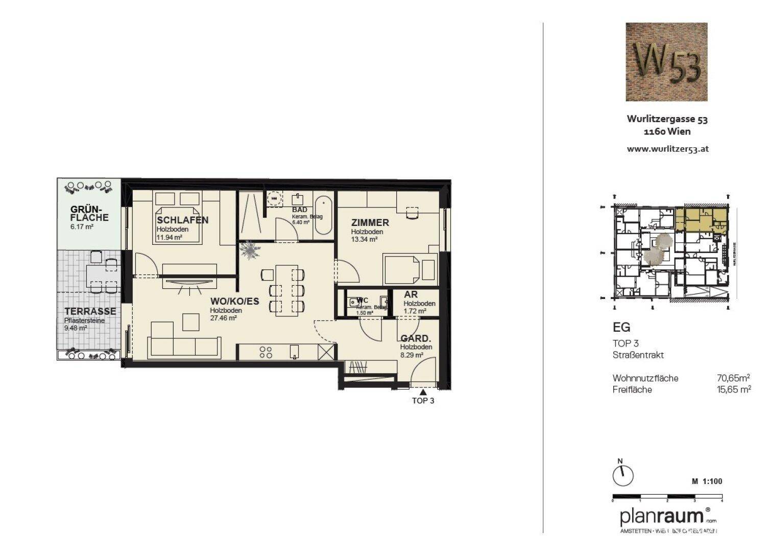Grundriss einer Wohnung mit Terrasse, Grünfläche, zwei Schlafzimmern und offenem Wohnbereich.