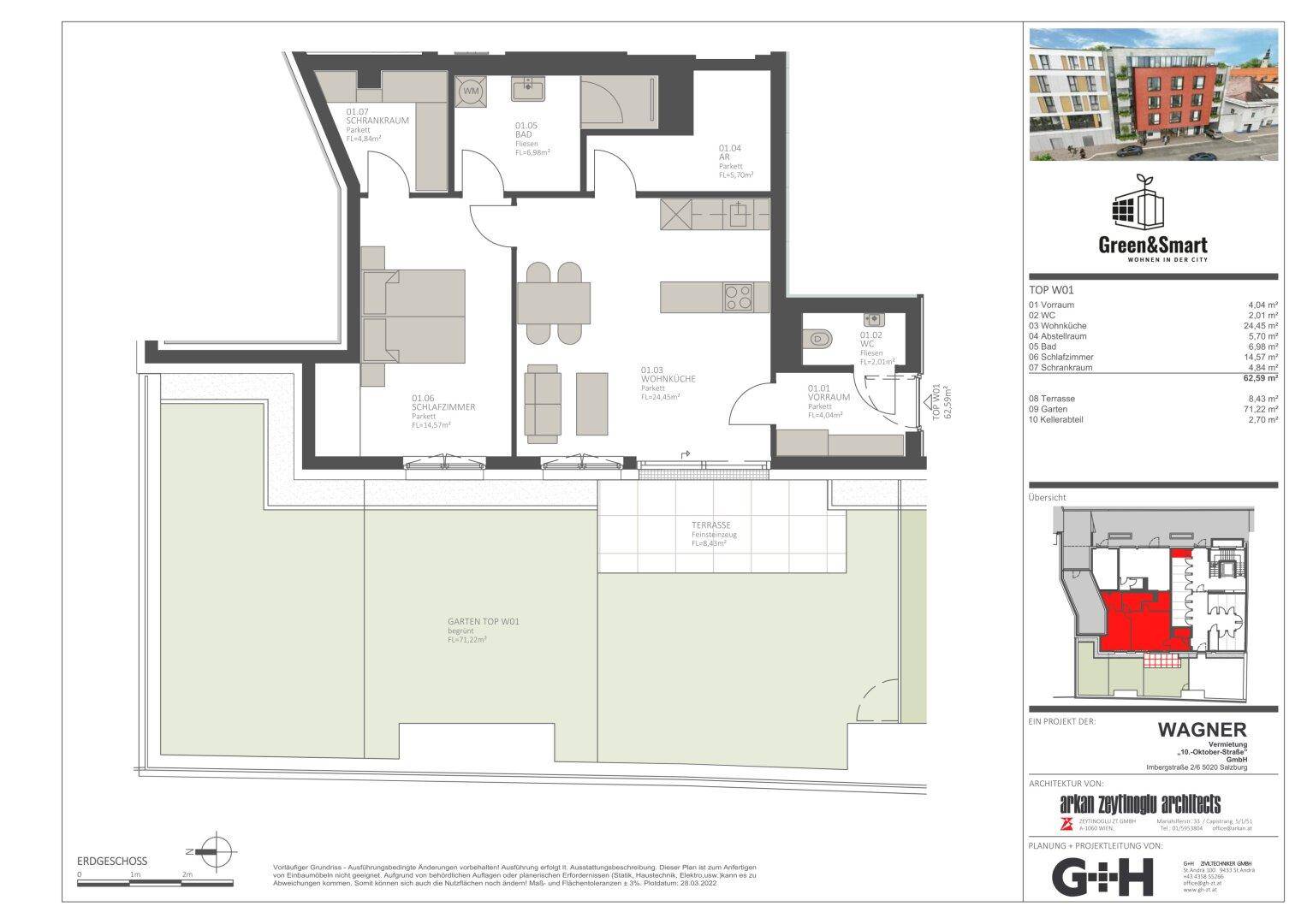Grundriss einer Wohnung mit Garten, Terrasse und offenem Wohnbereich.