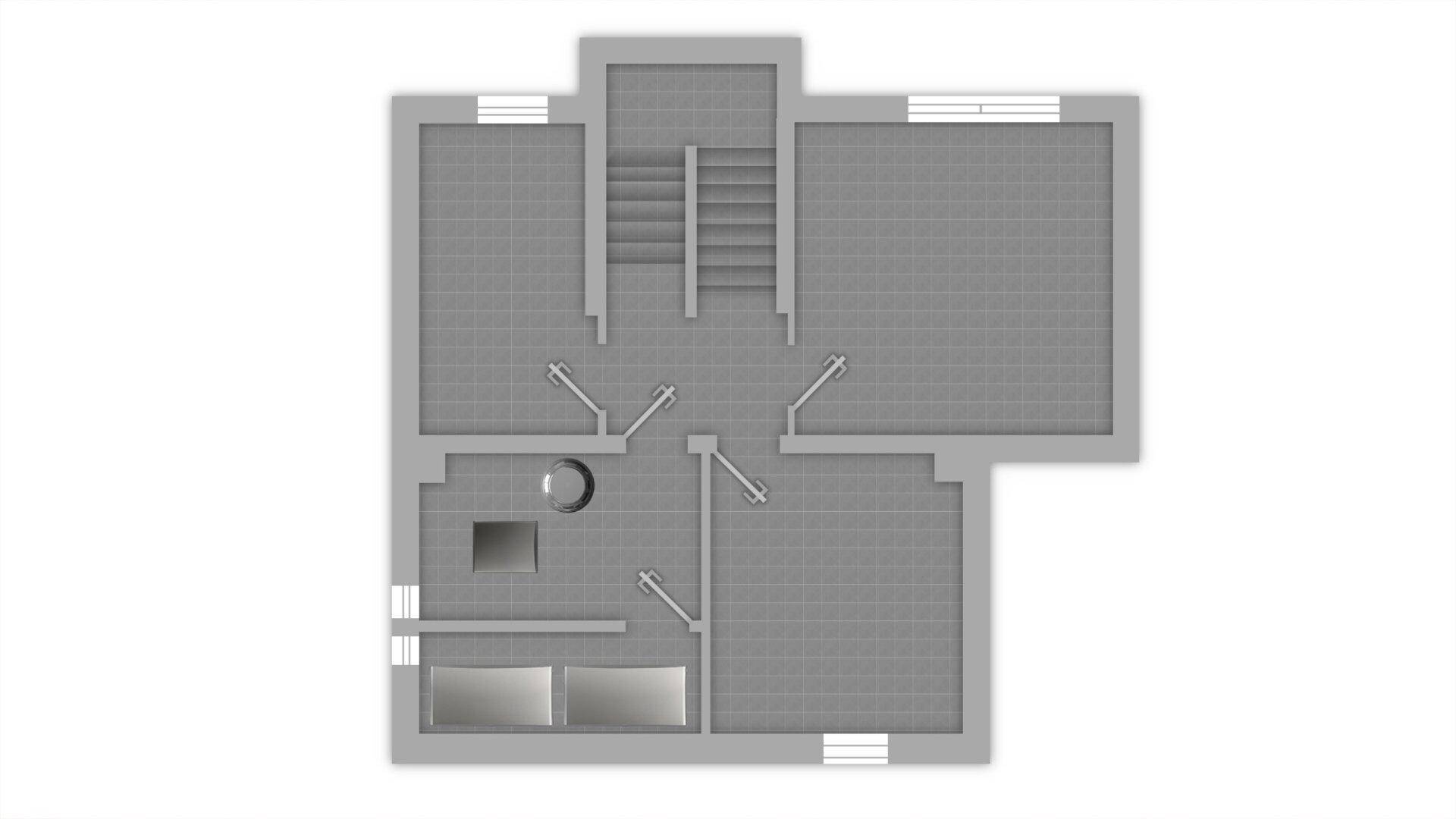 Grundriss des Kellergeschosses mit Abstellräumen, Waschküche und Treppenaufgang.