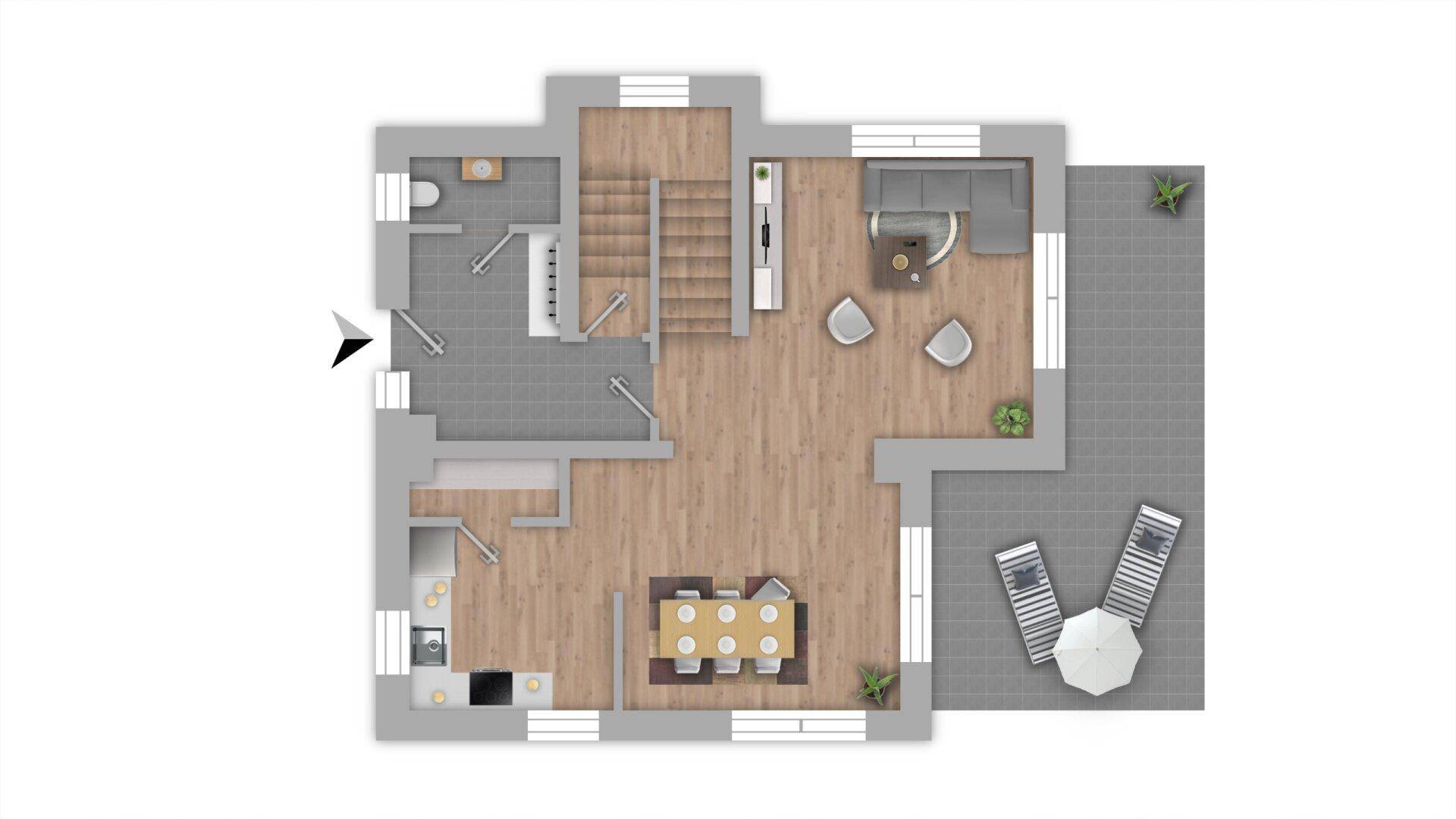 Grundriss des Erdgeschosses mit offenem Wohnbereich, Küche und großer Terrasse.