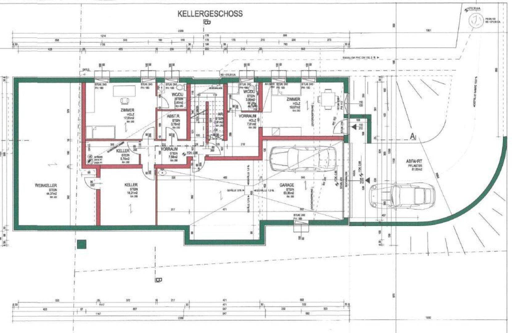Grundriss des Kellergeschosses mit mehreren Zimmern, Kellerräumen, Weinkeller und Garage.