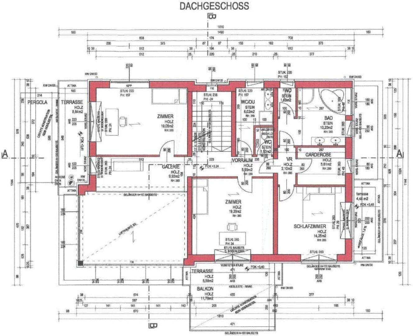Grundriss des Dachgeschosses mit Schlafzimmern, Bad und Terrassenzugang.